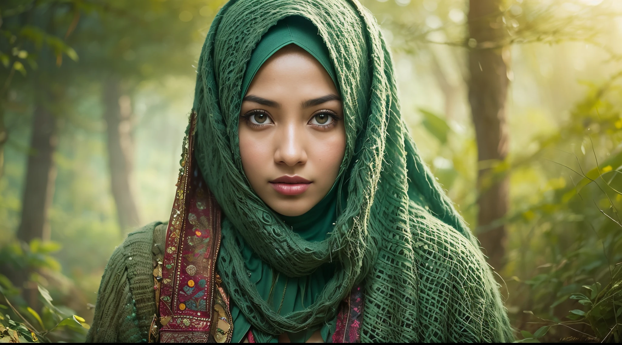 Craft a captivating photomanipulation with the Malay girl in hijab as the main character, set in a mystical and enchanted forest. Draw inspiration from scenes in fantasy classics like 'The Lord of the Rings,' emphasizing magic and wonder.
