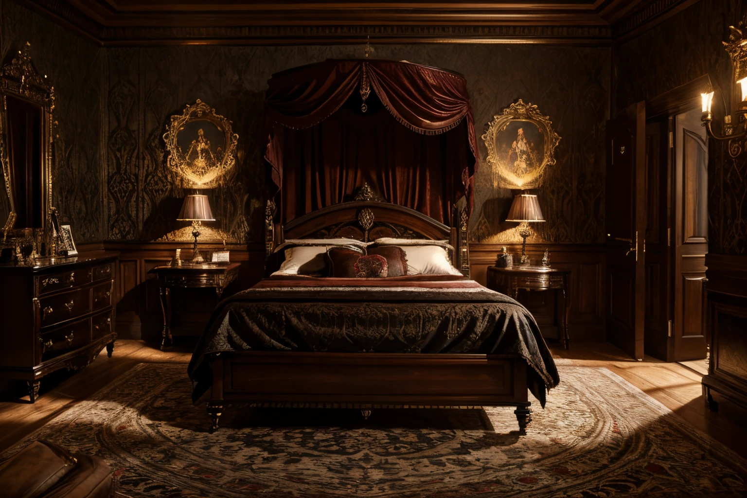 luxurious victorian era gothic bedroom interior detailed walls, rich ornate fabrics, (masterpiece:1.1) (painting:1.1) (weighted lines) (best quality) (detailed) (intricate) (8k) (HDR) (wallpaper) (cinematic lighting) (sharp focus)