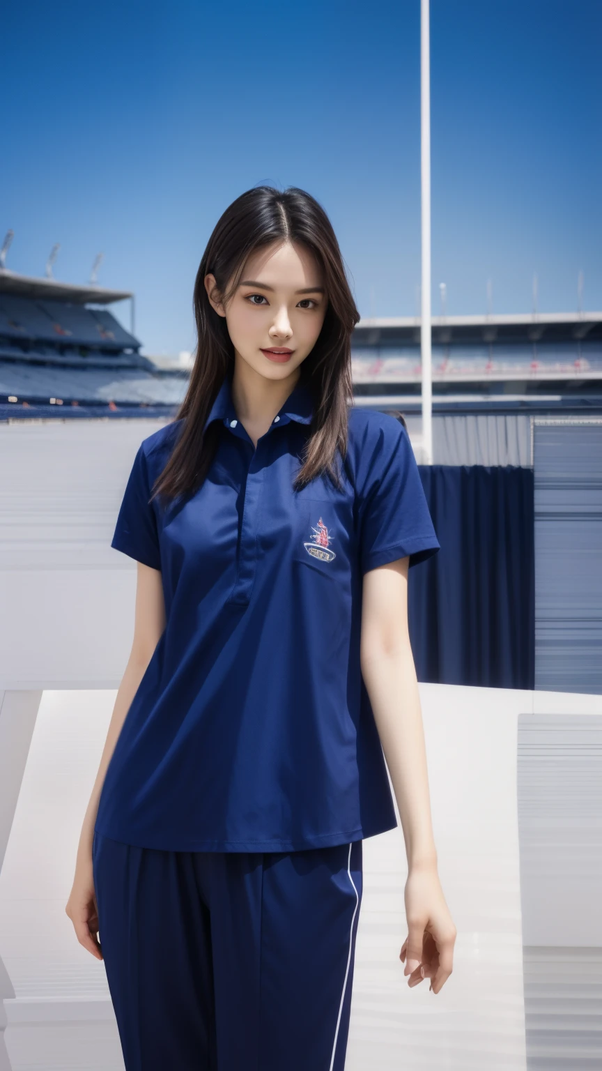 (bestquality,10,10,highres,masterpiece:1.2),ultra-detail,(Realistic,photorealistic portrait,photo-realistic:1.37),1 Cute girl in the football field,oily shiny skin,bara,light smile,BDclothes,((blue shirt:1.3)),short sleeves,shirt, trousers.,(navy_long_Pants Track:1.1), ((Stadium Background:1.3)),dynamic angle,excited,face focus,Dynamic Poses,from behide,Ass Focus,masterpiece, bestquality, ultra realistic, hyper-detail, 8k resolution, RAW photo, crisp focus, ((Navy blue shirt:1.1)), short sleeves, Long Path, Perfect body, 2 mature women, 18yo, cinematic light,Blue sweatpants,Gymware,Correct anatomy,Complete body, Correct body, sharp face, Anatomically correct body, full entire body, Realistic gestures, long-haired, Realistic poses,Wear long shorts..................,Long leg span,Shapely,Sculpting Girl, Slender Figure, mannequin mannequins, Shapely, Beautiful body,Blue sweatpants, Two girls kissing