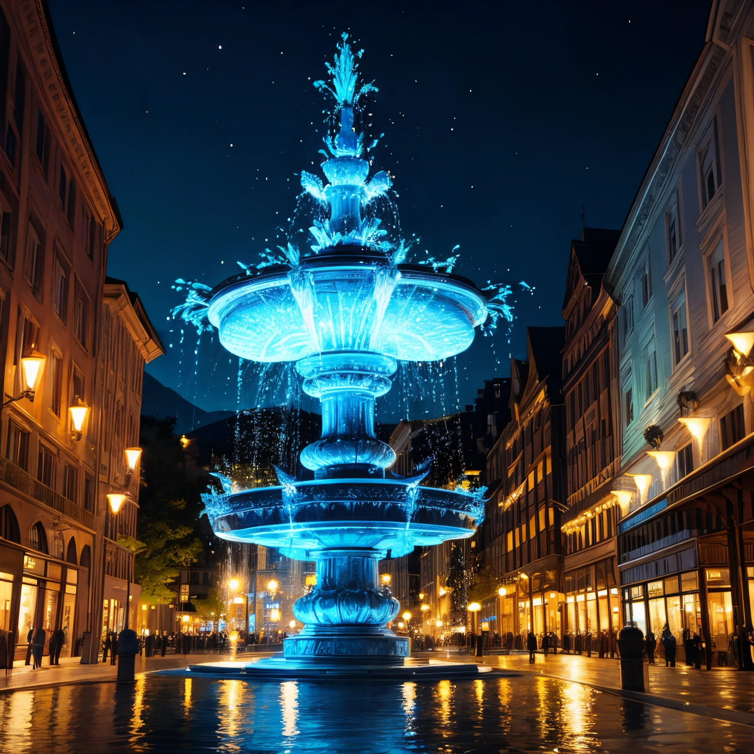Illuminated fountain at night