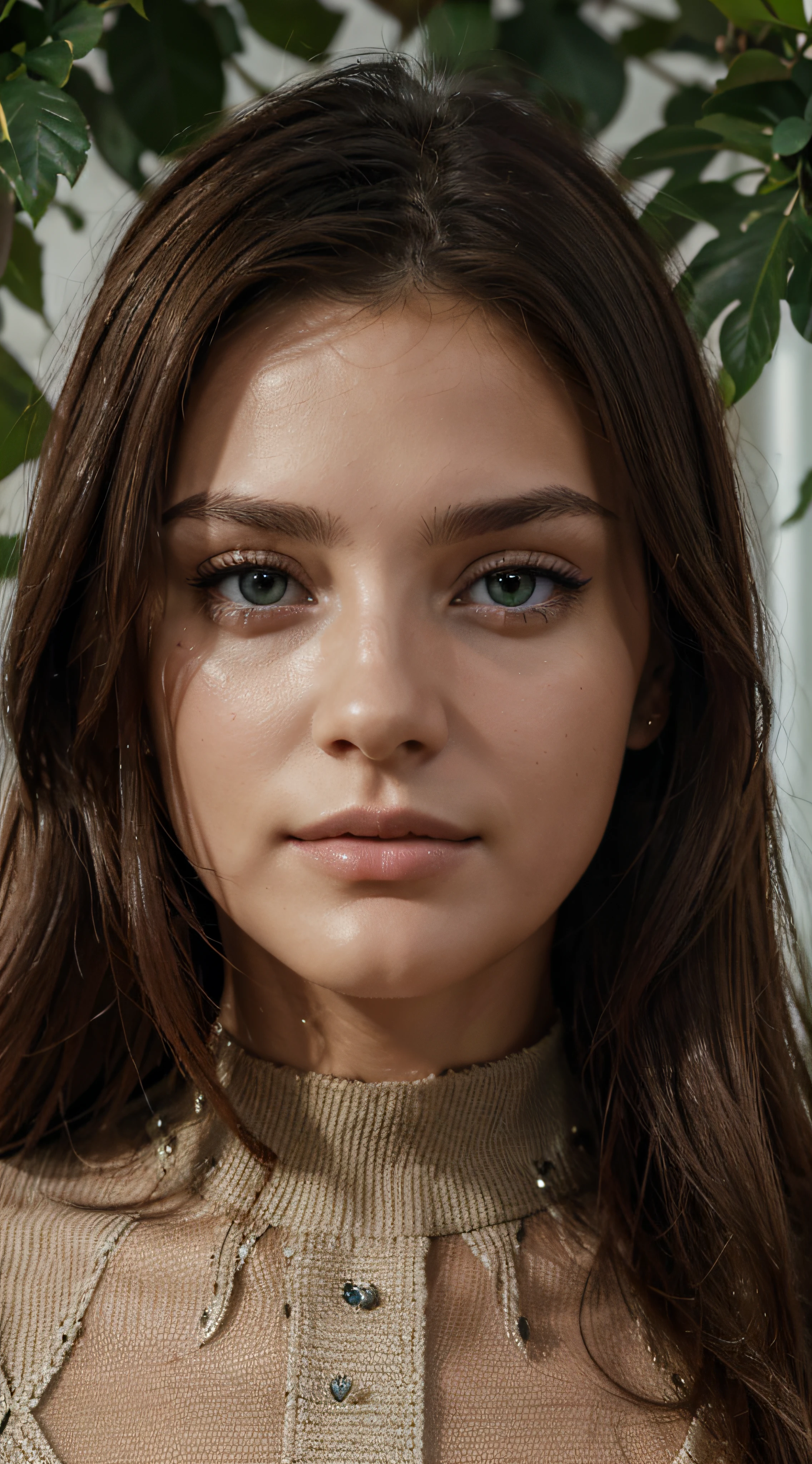 High detail, Ultra Detail, 8k, ultra highres, jeune brune, cheveux bruns, Yeux verts, the best quality, yeux expressifs, visage parfait, Excellent quality, yeux expressifs, visage parfait, dans un salon lumineux avec des plantes, Face centered, bretelle noir