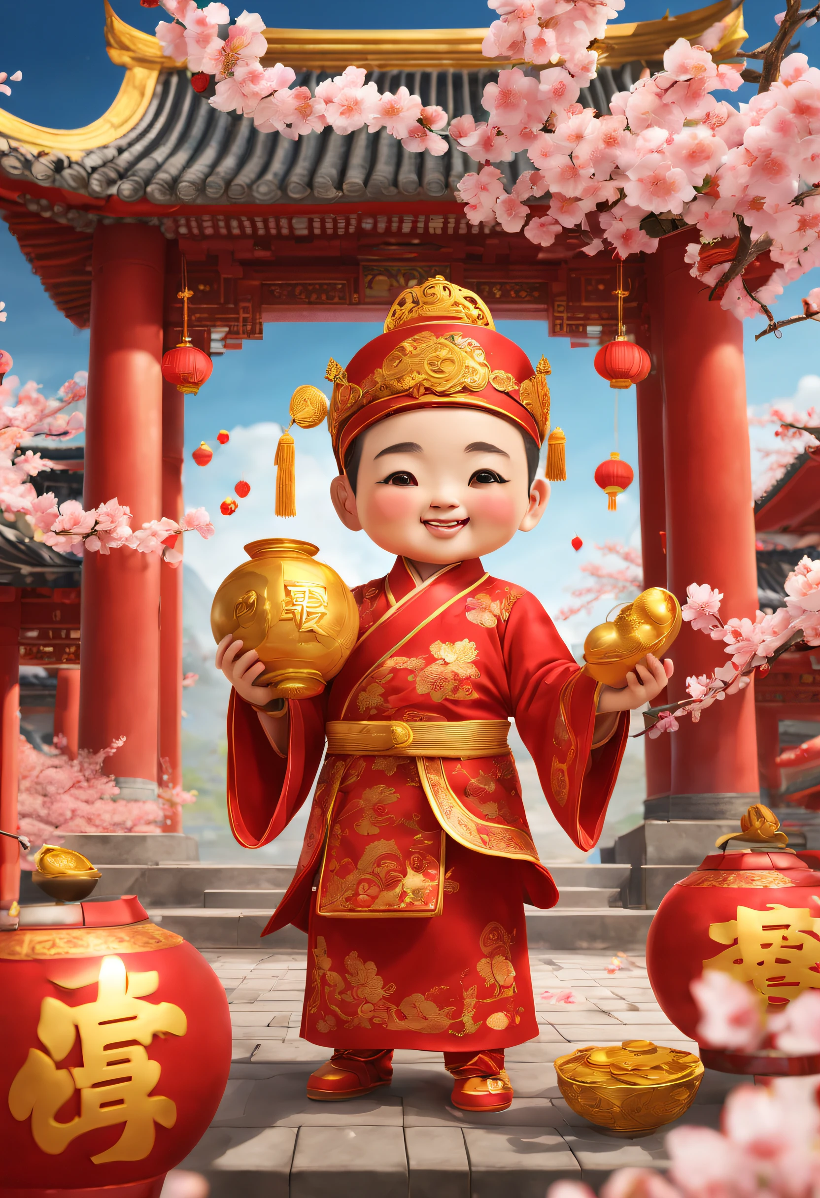 (best quality,3D,high res,masterpiece:1.2),cute adorable god of wealth, with big round eyes, rosy cheeks, and a mischievous smile. The god of wealth is holding a golden ingot in one hand and a red money bag in the other, symbolizing good fortune and prosperity. The god of wealth is surrounded by golden coins and red lanterns, creating a festive atmosphere. The god of wealth is wearing a vibrant red traditional Chinese costume, embellished with intricate gold embroidery. The scene is set in a beautifully decorated garden, with cherry blossom trees in full bloom and a clear blue sky. The lighting is warm and soft, enhancing the joyous and auspicious vibe of the artwork.