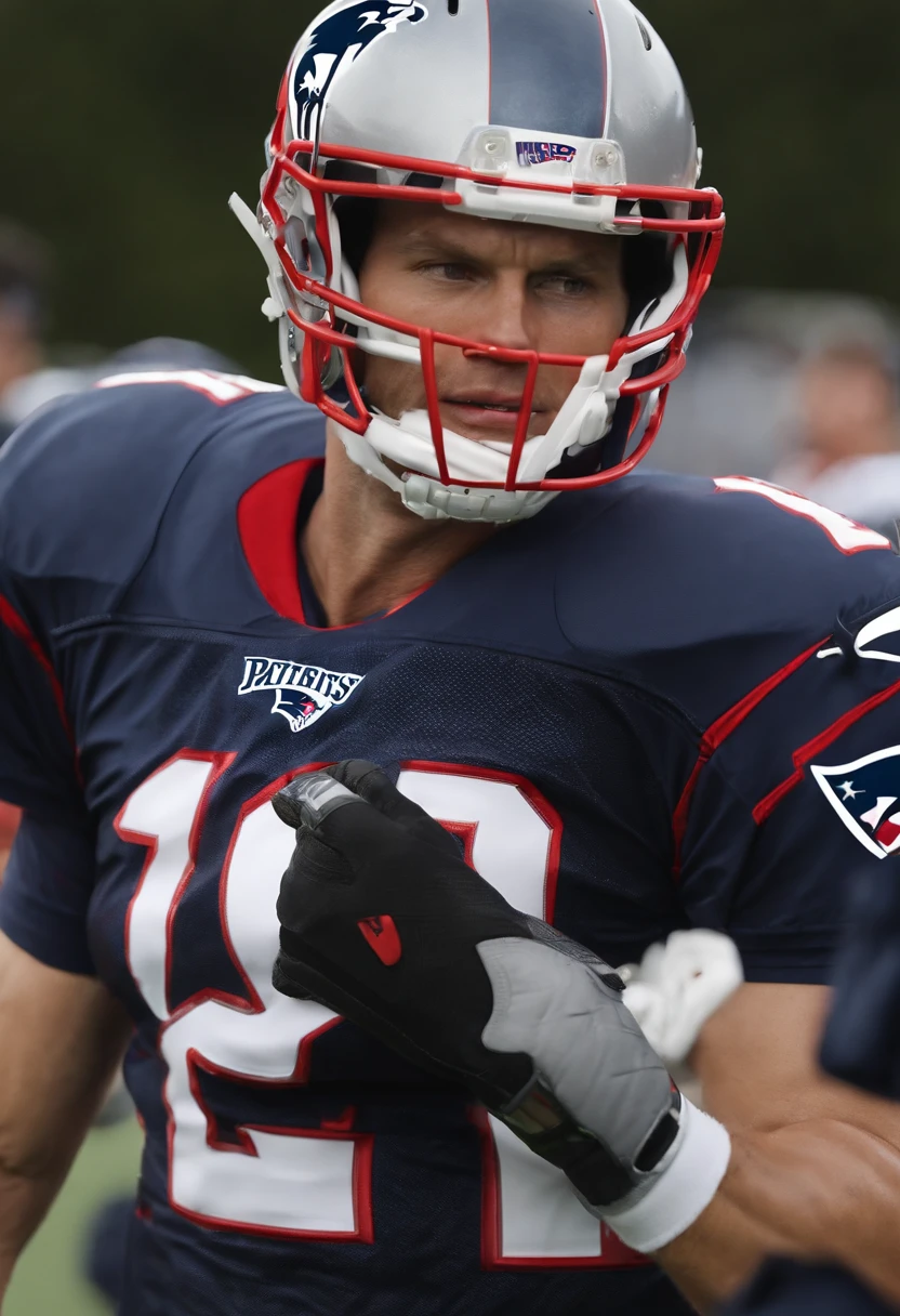 The image is a close-up of Tom Brady in workout gear, leading a team huddle on the football field.,New England Patriots,Tom Brady, the recently retired renowned American football quarterback, is known for his athletic build, standing tall with a lean, yet muscular physique honed from years of rigorous training and play. He often appears clean-cut, with short hair and a well-maintained appearance, reflecting his disciplined and focused nature.