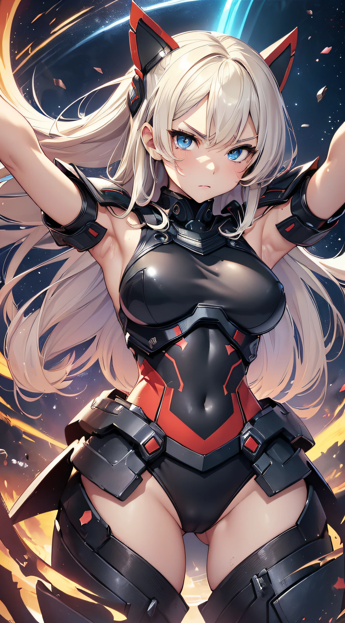 top-quality、Top image quality、masterpiece、girl with((Red Leotard、Black Mechanical Armor、sixteen years old、 ager、cute little、Best Bust、big bast,Beautiful light blue eyes、Breasts wide open, a blond、A slender,Large valleys、belligerent movements,Warlike face、fighting poses、Beam Cannon、Navel Tank Top)),hiquality、Beautiful Art、Background with((universes)))、Depth((black hole)),masutepiece、depth of fields,Cinematic style