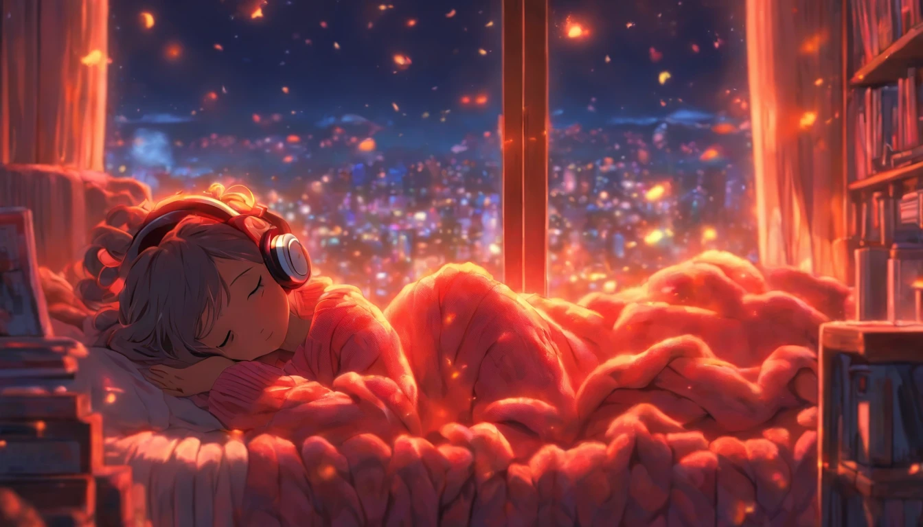 a girl, lying sleeping, wearing a big sweater, wearing headphones, legs covered with a blanket, lofi, calm, calm atmosphere, in her room looking at the window, cool, night, quiet night, masterpiece, best quality