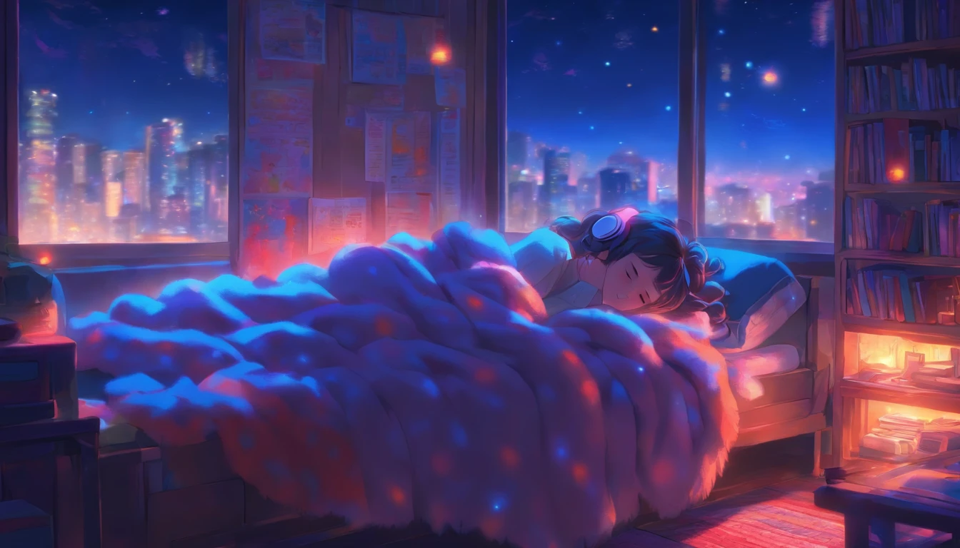 a girl, lying sleeping, wearing a big sweater, wearing headphones, legs covered with a blanket, lofi, calm, calm atmosphere, in her room looking at the window, cool, night, quiet night, masterpiece, best quality