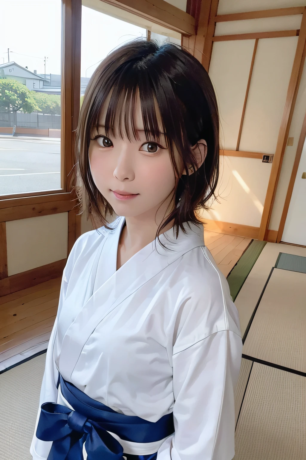 ((((1 girl looks up at the sky of the sunset glow while passing through widely spaced lattice doors)))), 
Evening, Framing Photo, 
(White Gravel Roads, (Japanese Palace), Japanese Shrine, Japanese Castle Town, Japanese Partitioned Tenement Houses, (Japanese Castle)), 
Short Bob Cut, Japanese, 20-year-old girl:1.2, Smirk, Brown Hair, Messy Hair, Wet Hair, Embarrassed, Blush, Very white skin, Very Beautiful Nape, Open Mouse Slightly:1.2, Wide-Set Eyes, Japanese Pale Red Yukata, Squirming, [With Cheeks between own Hands, Both Hands on own Face], 
from Back:2.0, from Side, Dutch Angle, Full Body, 
Light, Bokeh, Cinematic Lighting, Sidelighting, 
(highest quality, masterpiece, Ultra-high resolution, 8K, RAW Photos, Realistic, Anatomically correct:1.5)