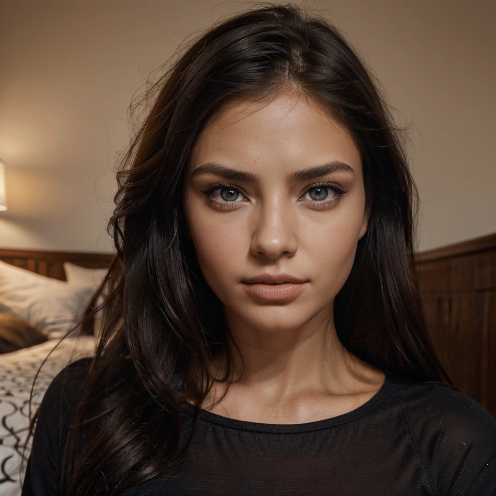 arafed woman with black clothes, blue eyes, adriana lima lookalike, portrait, brown hair and foxy eyes, centerd passport like photo, bedroom eyes, natural makeup, looking directly at the camera, face with artgram, subtle makeup, only one beautiful girl