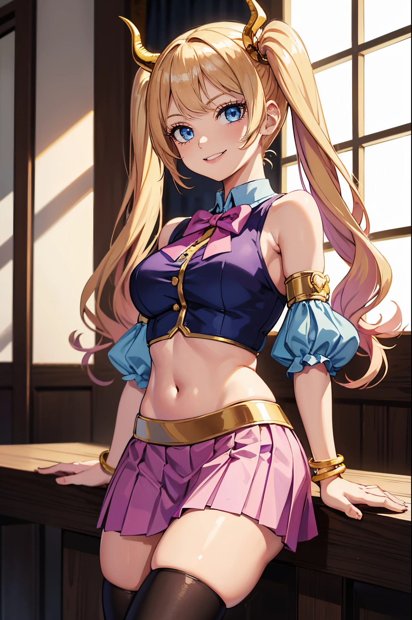 Safe for work, masterpiece, best quality, solo, 1 girl,  cute girl, wholesome girl, (young female body:1.4), ( medium breasts), cowboy shot, cocky smile, light blue eyes, golden hair, extra long blonde hair, hime cut, pink highlights, pigtails, rich girl vibes, indoors mansion, gold demon horns, pink lipstick, knife pleated skirt, hot pink skirt, purple crop top, sleeveless top, pink detached sleeves, stockings, lots of details, gold jewelry, gyaru style, dark purple crop top, golden bowtie, multiple bracelets , gold details, Fairy Tail anime style