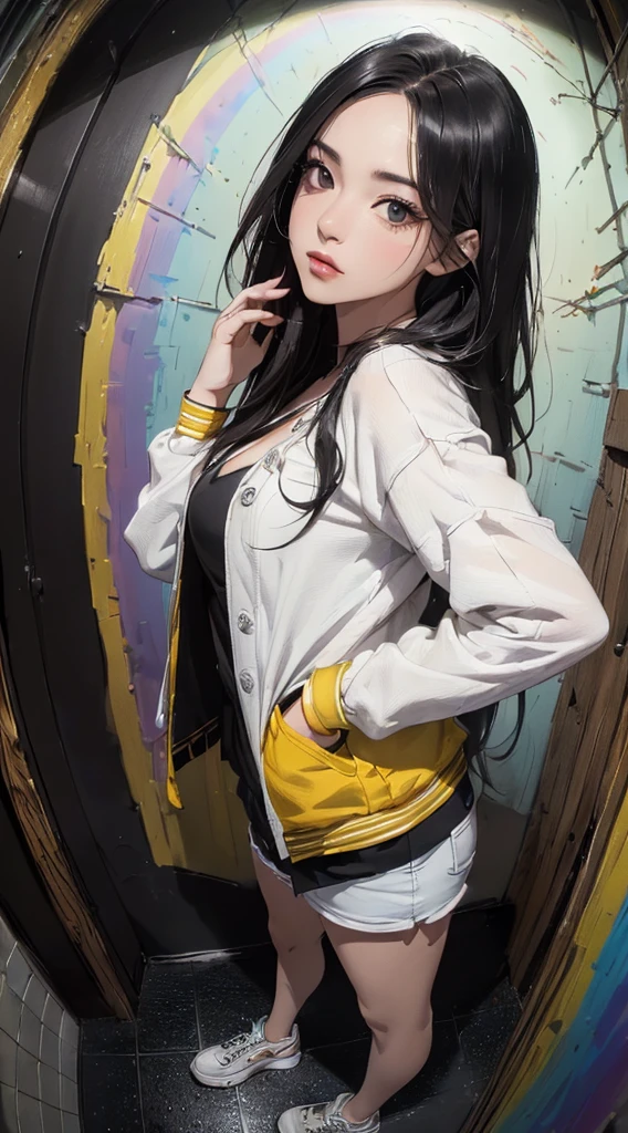 ((8k wallpaper of extremely detailed CG unit:1.2, masterpiece, hight resolution:1.2, top-quality:1.2, masutepiece)), ((a very beautiful woman, Hands in pockets:1.8, Rock Style Fashion, Wearing shoes)), ((extra detailed face, Highly detailed black eyes, Contrasting eyes, extra detailed body, Top quality real texture skins:1.2)), (A dark-haired, length hair, de pele branca), ((rainbow paint wall)), (high-angle:1.1, Fisheye:1.3), hyper realisitic, digitial painting,