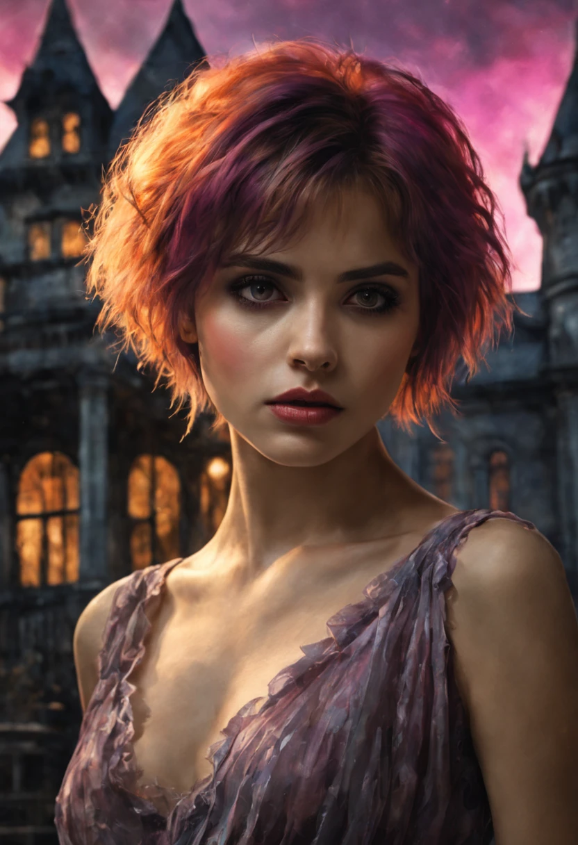 mj, RTX, 4k, HDR, Anna Razumovskaya, Casey Baugh, Antonio Mora, Aminola Rezai, Giovanni Boldini, art, realistic art.
1980's horror paperback featuring a beautiful girl with short hair, 80's style, in front of a nightmarish giant haunted mansion, close up, cool tones of blue, purple, pink, yellow, orange, color scheme,