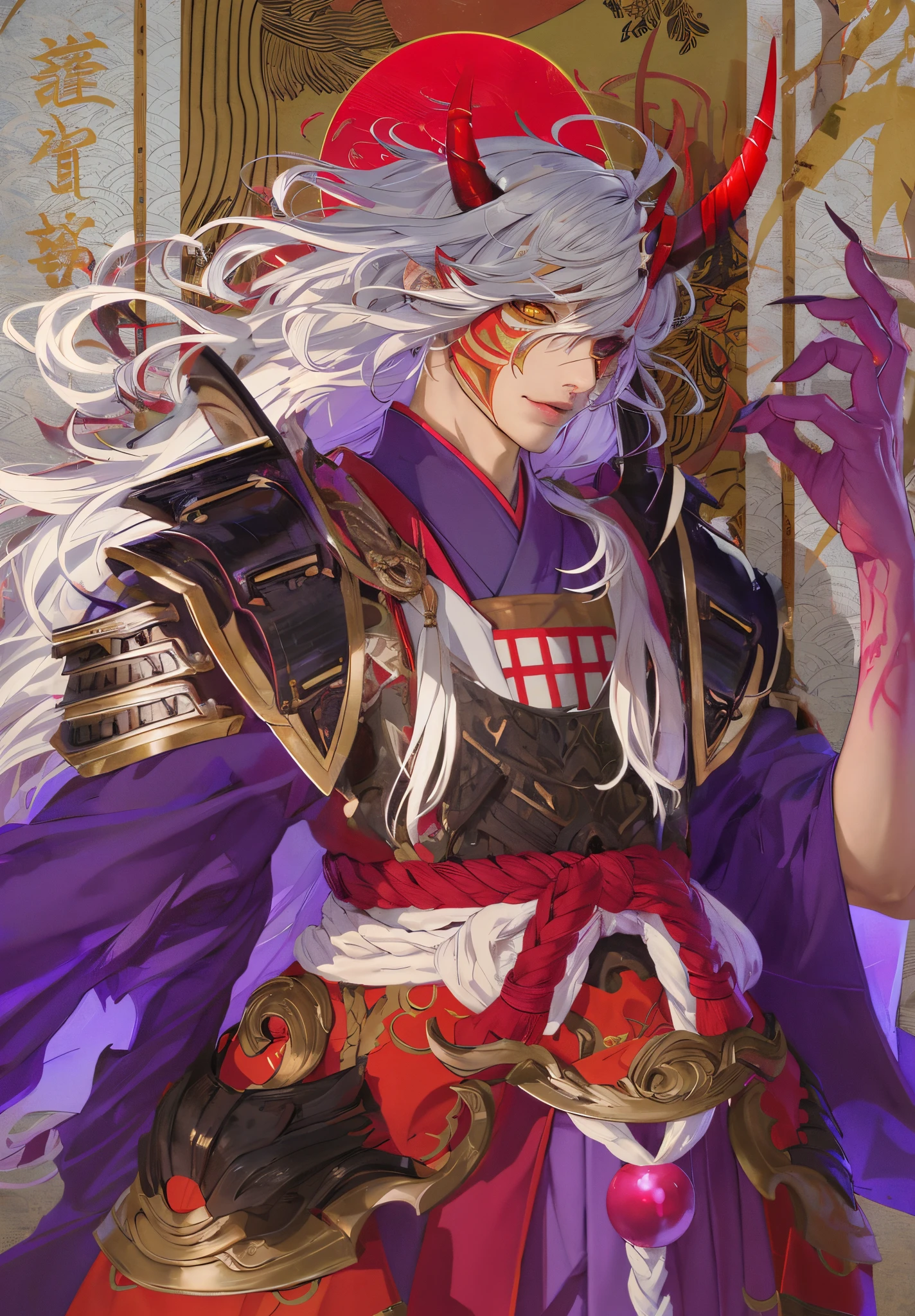 masterpiece, best quality, 1man, adult, male focus, solo, silver hair, long hair, vibrant yellow eyes, black sclera, looking at viewer, closed mouth, Fantasy aesthetics, Highly detailed, shadowverse style, japanese aesthetics, Demon mask, half-Demon, samurai armor, horns