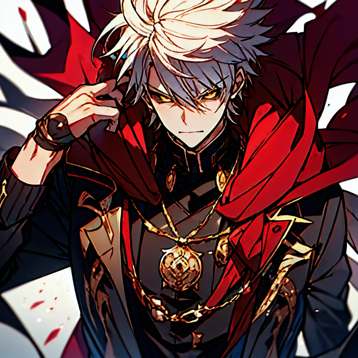 adult guy, anime character with white hair with red tips, badass anime 8 k, shadowverse style, anime wallpaper 4k, handsome guy, yellow eyes, black overcoat, serious.