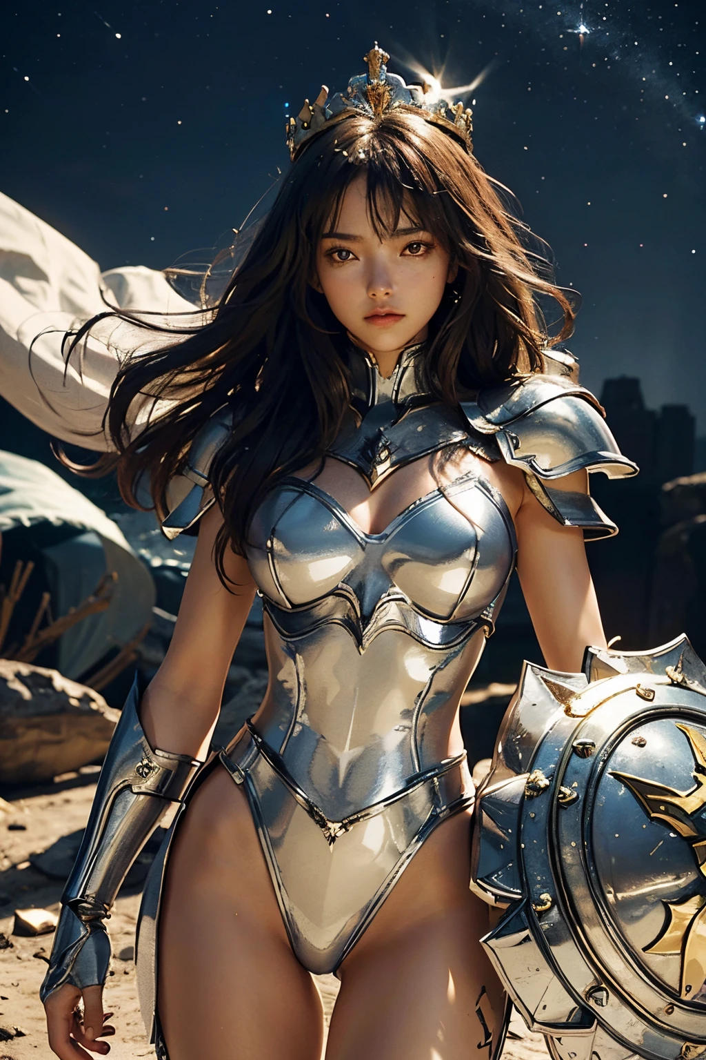 fully body photo，（best qualtiy）， （1girll）， starryskybackground, crown, holding shield, Wearing shiny gold armor， Sexy lingerie type armor，Expose your chest，Expose the waistline，Exposing thighs，cool-pose， Saint Seiya Armor， messy hair，high detal, Cinematic lighting, Sparkle, god light, Ray traching, filmgrain, hyper HD, textureskin, super detailing, Anatomical correct, A high resolution，Ultra-high saturation，hight contrast，High-gloss armor，Smooth skin，Serious expressions