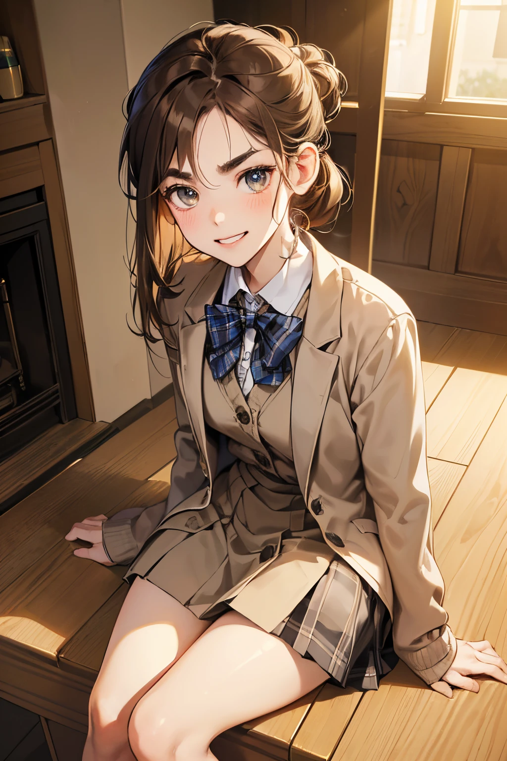 masterpiece, Highest quality, High resolution, One girl, alone, short hair, Brown Hair, Brown eyes, Bedroom、((pantyhose))、(Japanese school uniform)、(Knitted outerwear)、(Showing panties)
