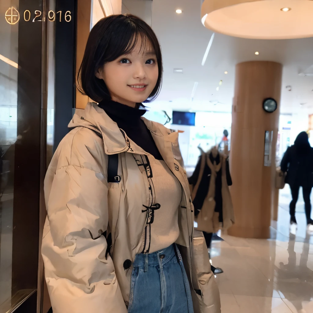 Top image quality、top-quality、​masterpiece、超A high resolution、8K、Unripe、photographrealistic:1.4、profetional lighting、cute school girl、a baby face、Bery short hair、A slender、moderately sized breasts、B Cup Bust、ssmile、wearing a black puffer coat、I wear denim pants、hang a shoulder bag diagonally、I'm at the mall