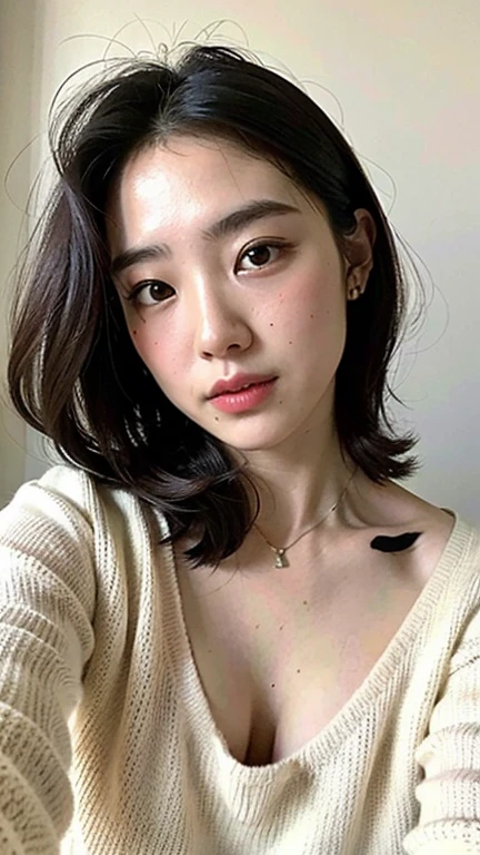 (top-quality、8k、32k、masterpiece、UHD:1.2)、Photo of a 20 year old Japanese woman、large full breasts、very short bobbed hair、The upper part of the body、sface focus、oversized_sweater、a necklace、simple background、From above、looking at the viewers、