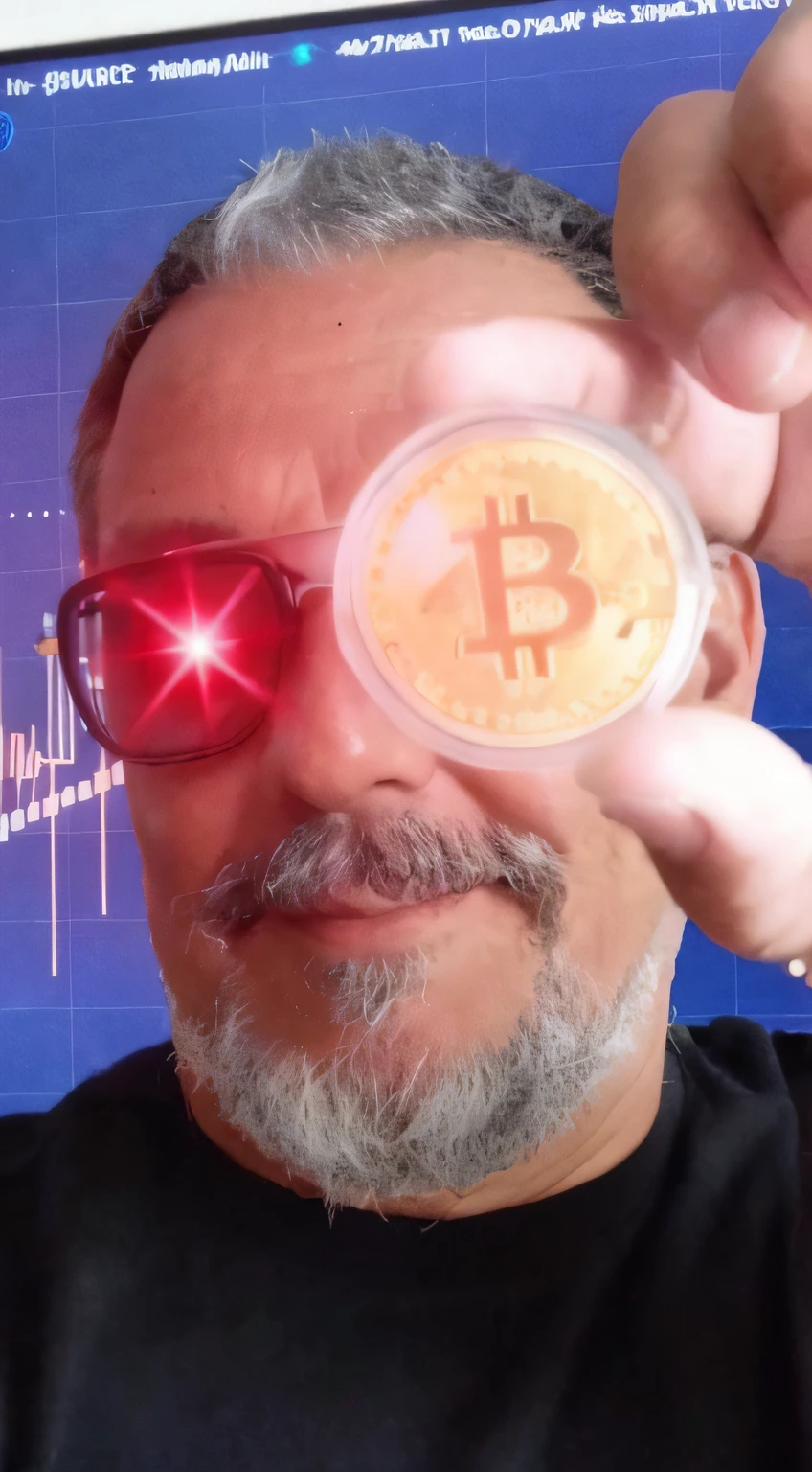 tall man with glasses holding a bitcoin in front of his eye, Typical cryptocurrency nerd, Satoshi, ๐๐๐, cripto, Satoshi com, taken in the early 2020s, bitcoin, Bitcoin Mal, ๐๐๐คฉ, Directed by: Robert Richenburg, ๐๐คก, foto do perfil, foto de perfil, Directed by: Ivan Ranger, 5 5 I