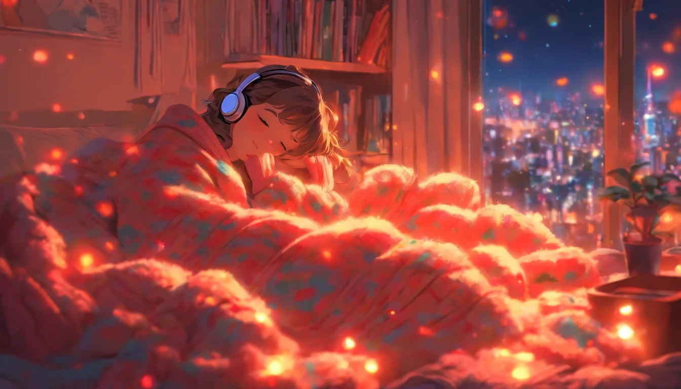 a girl, lying sleeping, wearing a big sweater, wearing headphones, legs covered with a blanket, lofi, calm, calm atmosphere, in her room looking at the window, cool, night, quiet night, masterpiece, best quality