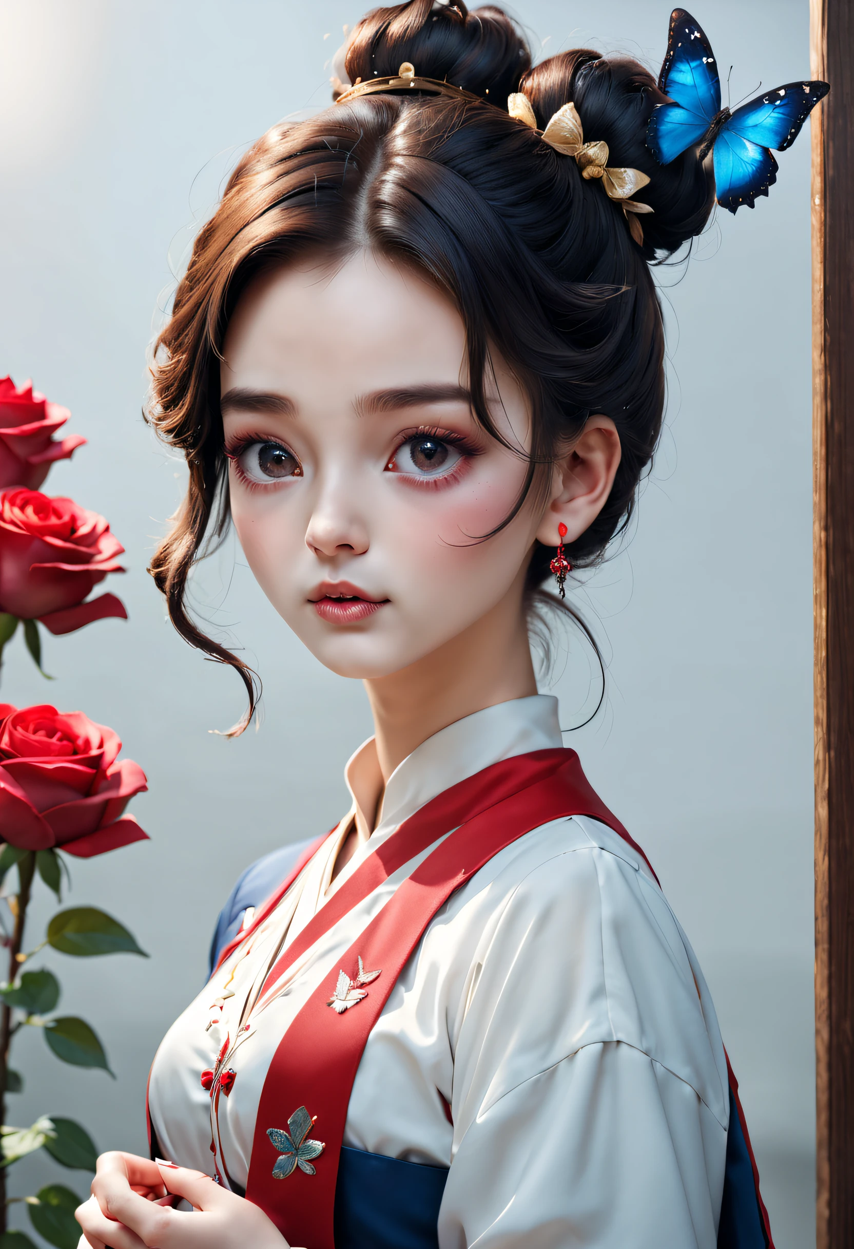 brownish black hair, 黑The eye, White skin of the, Goose egg face, Generous facial features, tall, Confident and powerful, Tone and fullness, Big high school girl, 校服, curlies, hair-bun, With hairpins, red rose, blue butterflies, White rabbit, advertising billboard, Official quality, mistic, light and shadows, the right proportions, aesthetics, atmosphere,