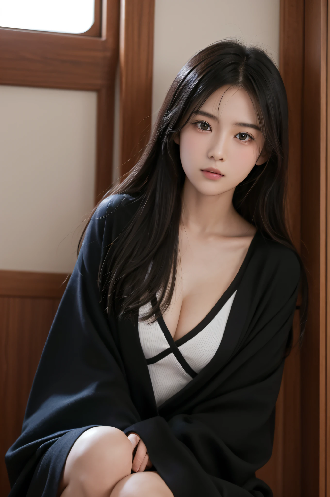 on train,a junior high school student,young ,Chinese girl,Black Gryffindor robes,Tall and tall,Long black hair was draped behind his head,Black colored eyes (tmasterpiece), (best qualtiy), realisticlying, 8K Raw photograph, 超高分辨率, highest details, 复杂, 8k, HDR, Ray traching,llight rays,Realistic physical reflections, 1girll,The upper part of the body,Look aside,tmasterpiece,Best quality,