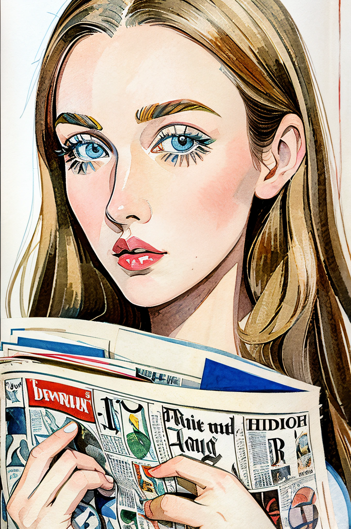 Sketched, watercolor paiting, Collage of Picasso and Robert Delaunay, cubism, Abstract, Cute daughter, big clear blue eyes, Little red cheeks, Blonde long-haired, Face-centric, Against the backdrop of newspapers and fashion magazines, Intricate Brushwork, high-level image quality, A breathtaking masterpiece