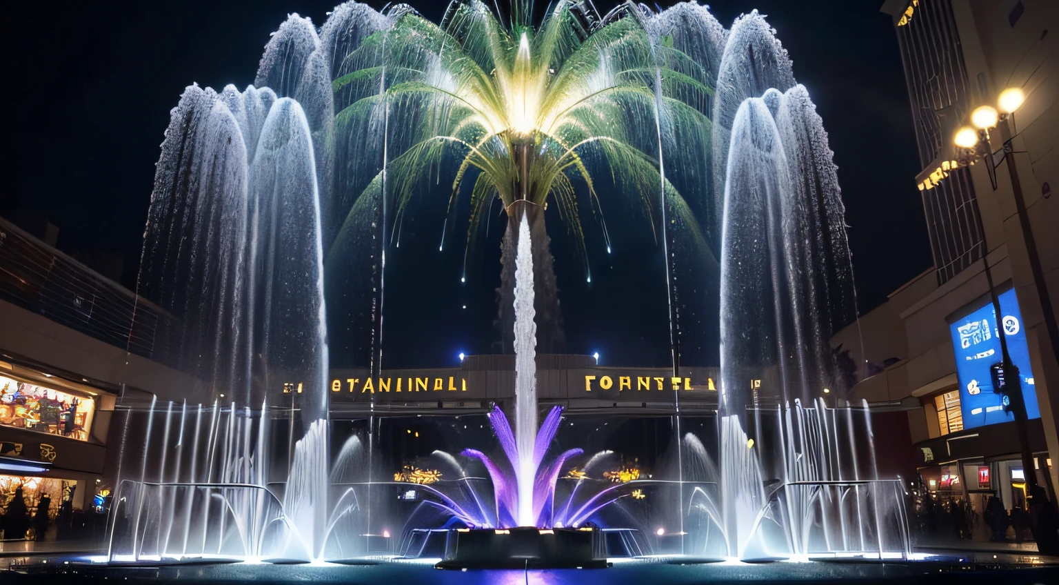 (Large fountain show in Japanese shopping malls: 1.3), Countless water cannons, overhead fountains:1.2, arch fountains:1.3, (Spraying water from various angles: 1.3), (Collaboration of projection mapping and fountain show: 1.3), (Very impressive Grand Final: 1.5), (Incredible Fountain Volume: 1.5), (Masterpiece), (Best Quality), (Ultra high Detailes)