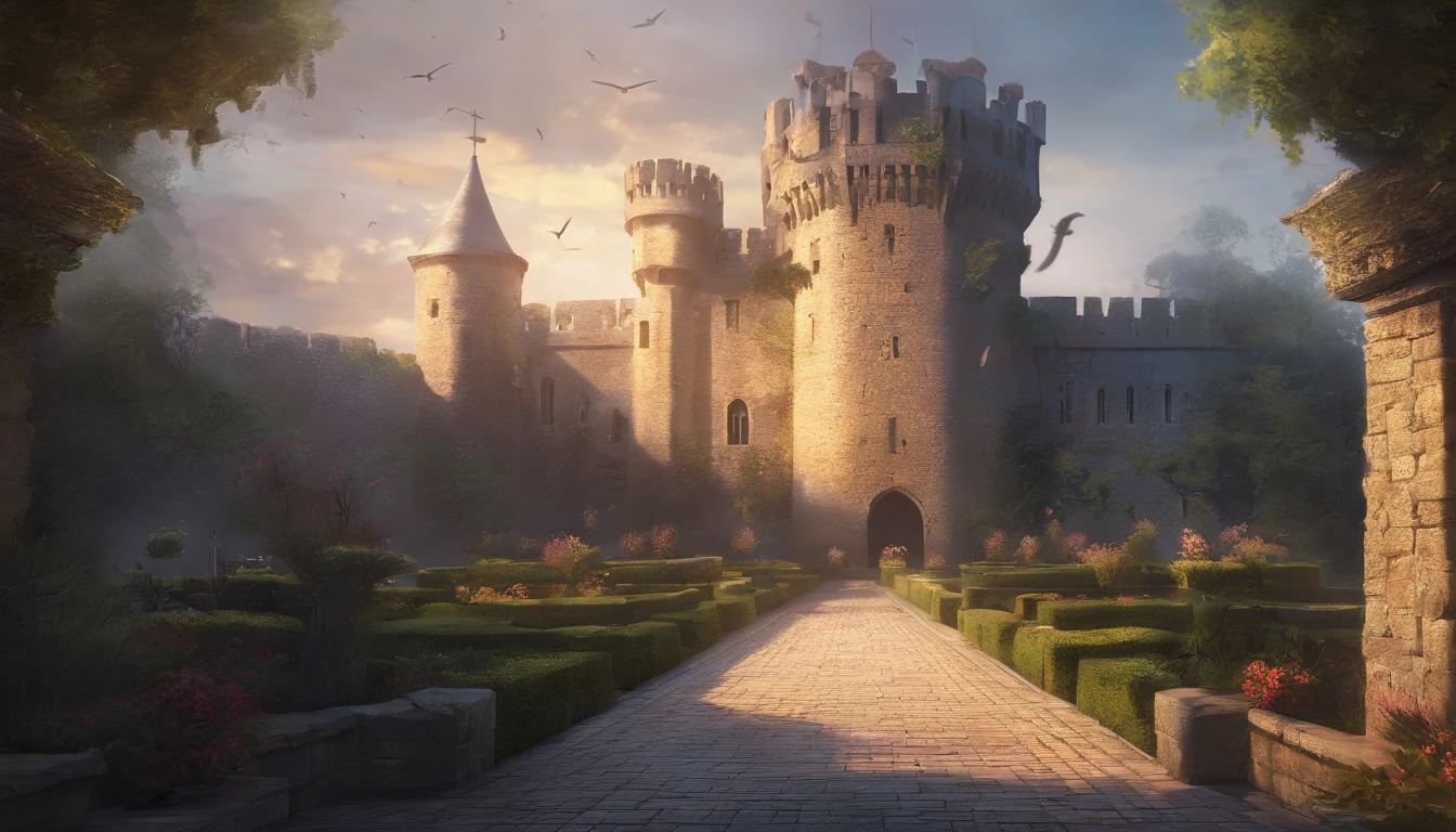 inside a medieval castle courtyard garden in late evening, the sun has mostly set and it is growing cold