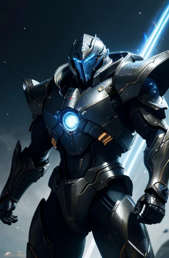 protoss-inspired armored warrior,(best quality,4k,highres,masterpiece:1.2),ultra-detailed,(realistic,photorealistic,photo-realistic:1.37),(cybernetic,advanced),powerful stance,glowing eyes,positional advantage,otherworldly atmosphere,shiny metal armor,sharp edges,energy weapons,elaborate helmet,battle scars,vivid colors,extraterrestrial technology,aesthetic design,sculpted muscles,mysterious background,surrounded by energy orbs,futuristic lighting,heroic pose,warrior from another dimension,laser sword,hovering platform,extreme detail description,stunning display of power,protecting the galaxy