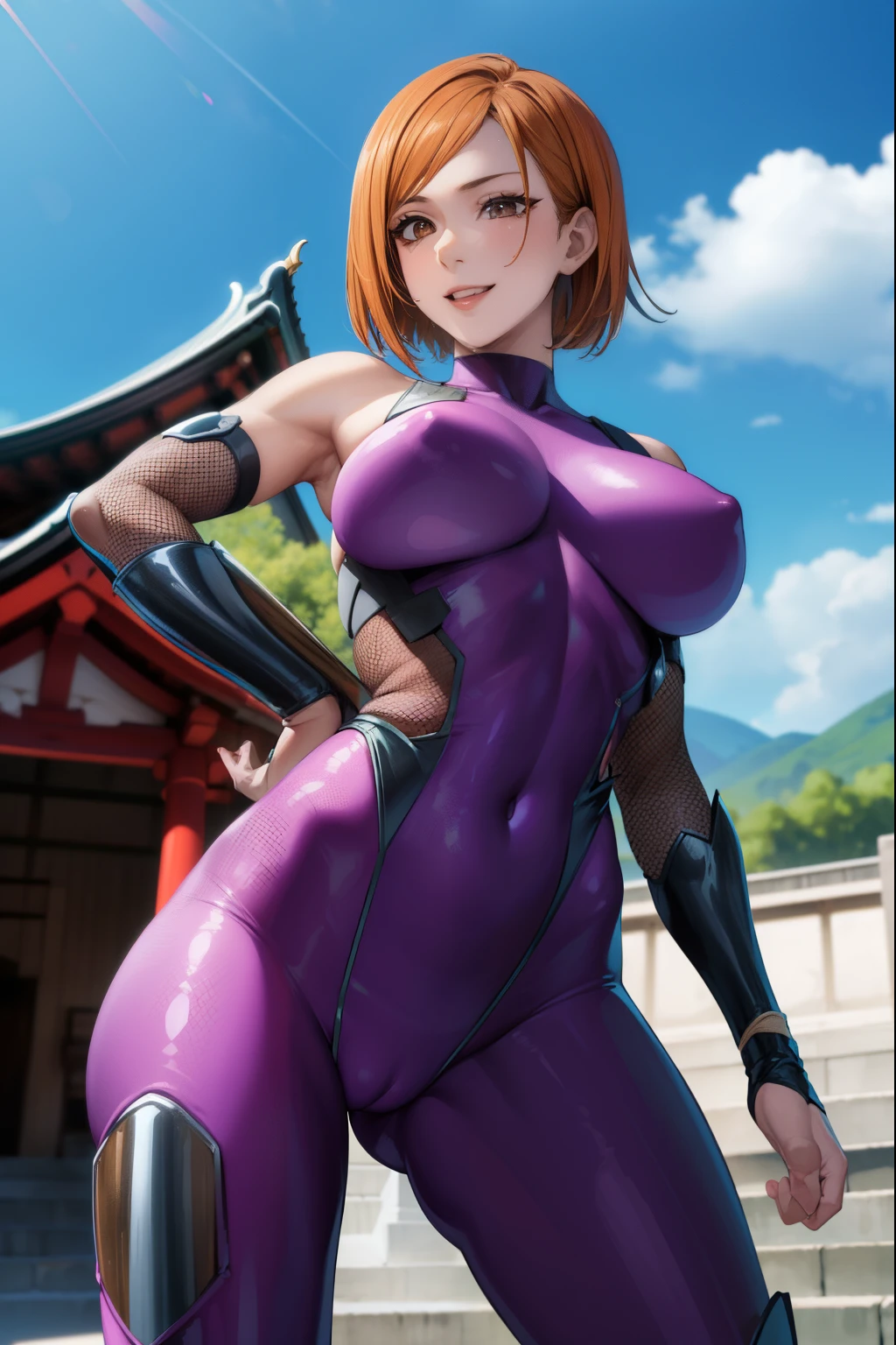 (masterpiece), (best quality), (ultra-detailed), (best illustration), (best shadow), (absurdres), nobarakugisakinova, 18yo,short hair, orange hair, brown eyes, kugisaki nobara, Mole under the outer edge of the eye, large breasts, (bright color taimanin bodysuit,fishnets,arm guard), navel, (dynamic sexy pose,dynamic angle),from below,happy smile,shrine background,blue sky,strong wind,