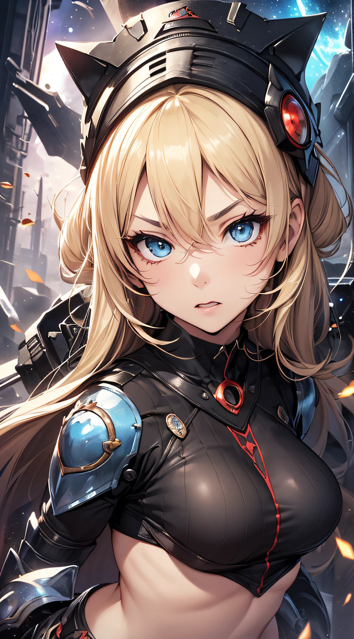 top-quality、Top image quality、​masterpiece、girl with((Red Leotard、Black Mechanical Armor、、teen ager、cute lit Bust、big bast,Beautiful light blue eyes、Breasts wide open, a blond、A slender,Large valleys、belligerent movements,Warlike face、fighting poses、The sword、dong、Navel Tank Top)),hiquality、Beautiful Art、Background with((universes)))、Depth((black hole)),masutepiece、depth of fields,Cinematic style