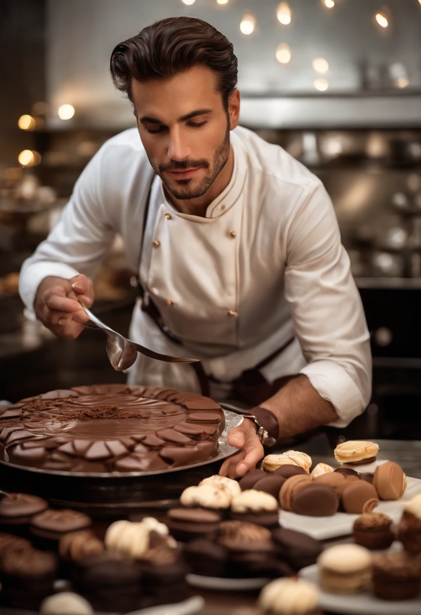 A snapshot of a beautifully set table with a variety of chocolate desserts, each one uniquely crafted and artistically presented, from a decadent chocolate cake to delicate chocolate macarons.,original,Extremely handsome white man with dark hair and some stubble. Chiseled face. Early to mid forties. Chef. Chocolate maker.