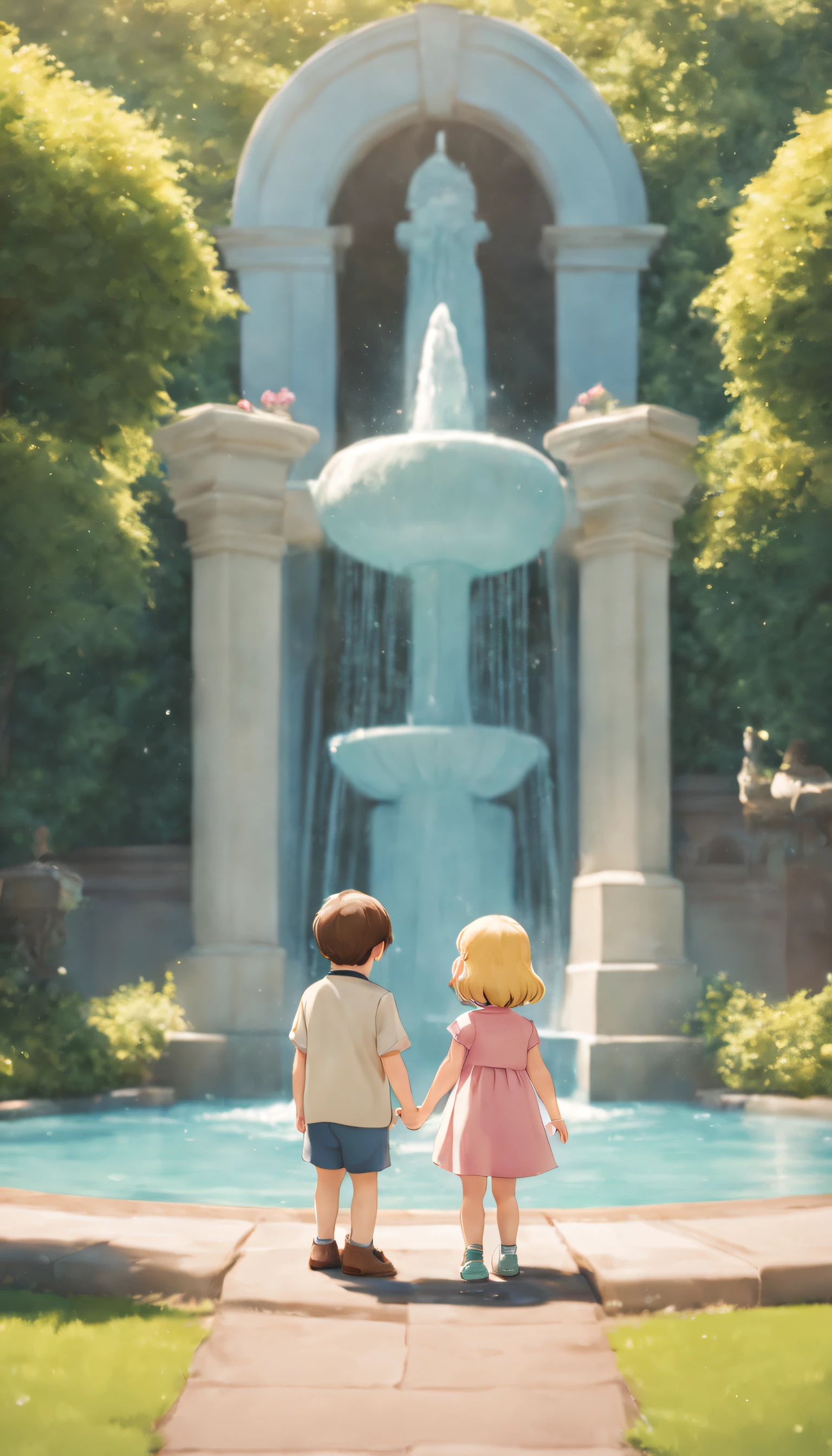 summery vibe,The fountain, couple,Childlike perspective, conceptual art, Ghibli-style colors, Fuji colors, vignetting, vanishing point, A high resolution, ccurate, tmasterpiece