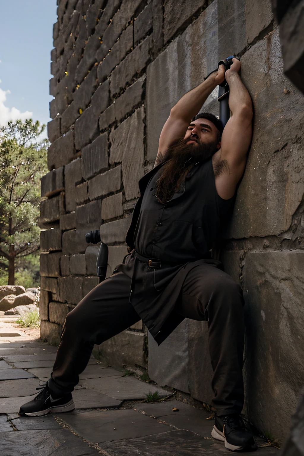 a strong brutal bearded man breaks a stone wall with an iron hammer
