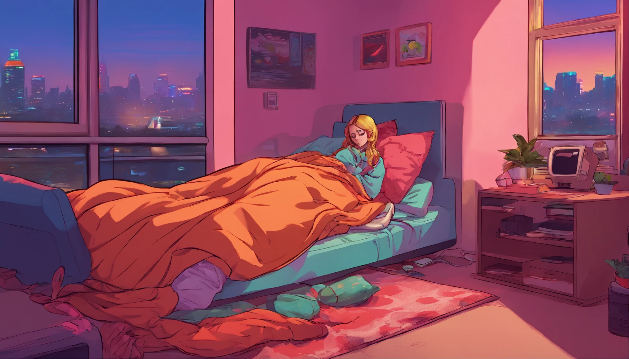 a girl, lying sleeping, wearing a big sweater, wearing headphones, legs covered with a blanket, lofi, calm, calm atmosphere, in her room looking at the window, cool, night, quiet night, masterpiece, best quality
