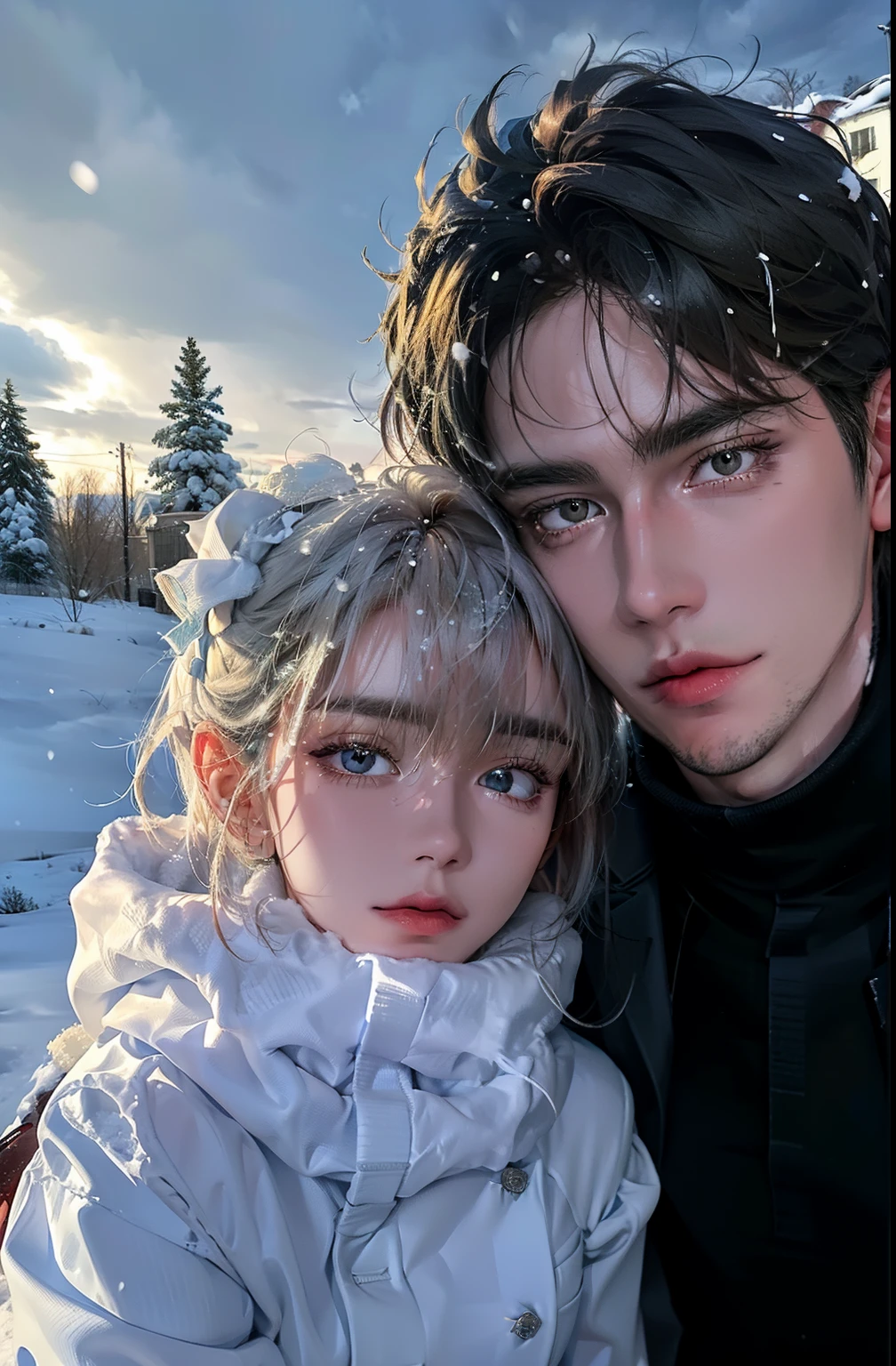 The sky is snowing,Two couples,Handsome boy,cute girls