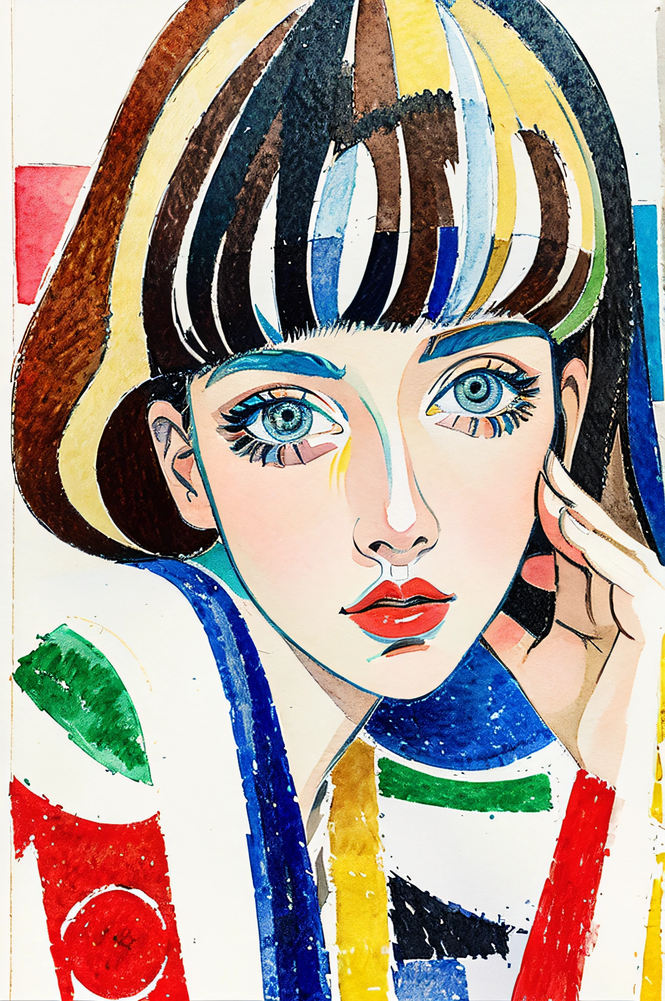 Sketched, watercolor paiting, Collage of Picasso and Robert Delaunay, cubism, Abstract, Cute daughter, big clear blue eyes, Little red cheeks, Blonde long-haired, Face-centric, Against the backdrop of newspapers and fashion magazines, Intricate Brushwork, high-level image quality, A breathtaking masterpiece