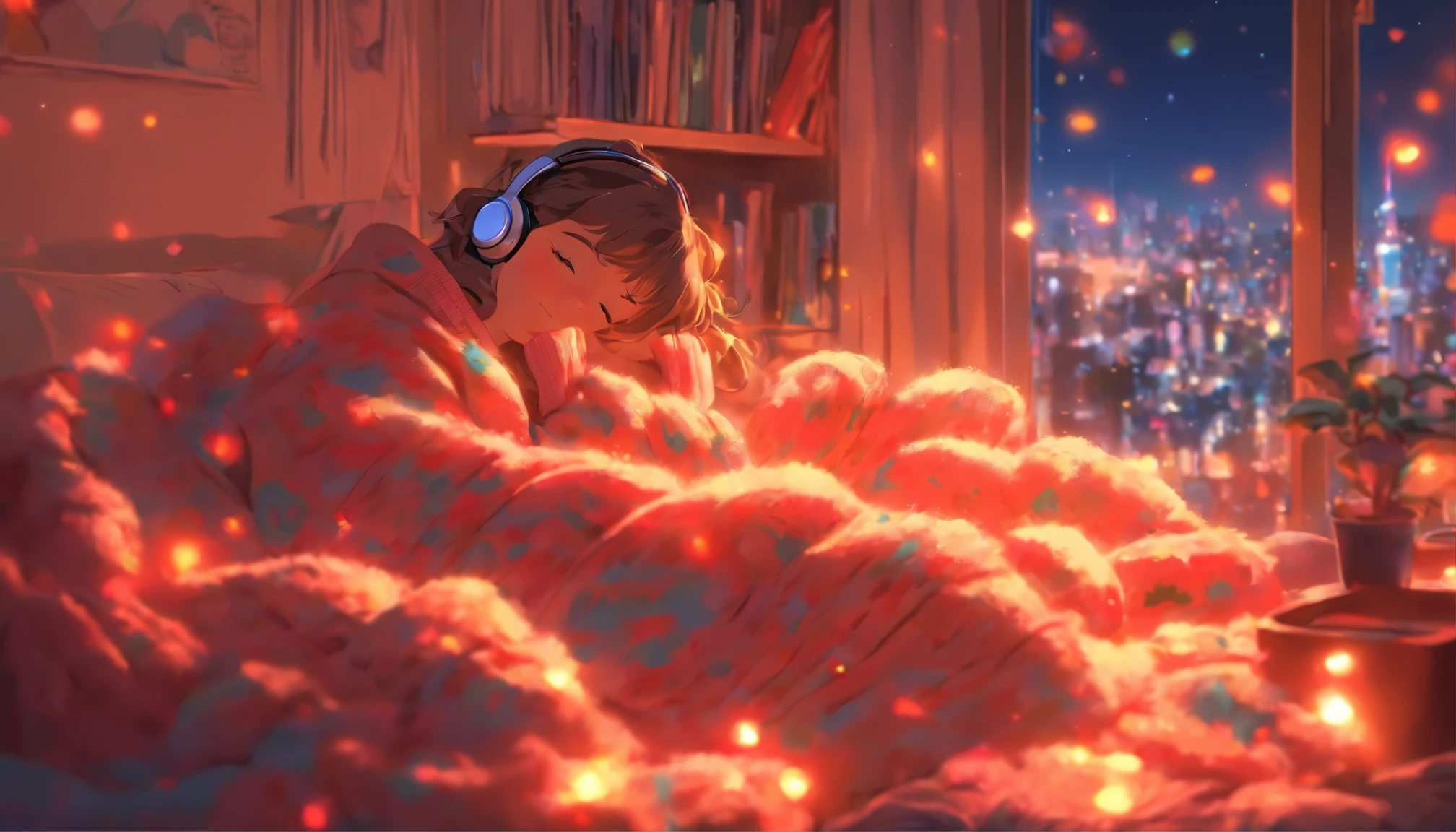 a girl, lying sleeping, wearing a big sweater, wearing headphones, legs covered with a blanket, lofi, calm, calm atmosphere, in her room looking at the window, cool, night, quiet night, masterpiece, best quality