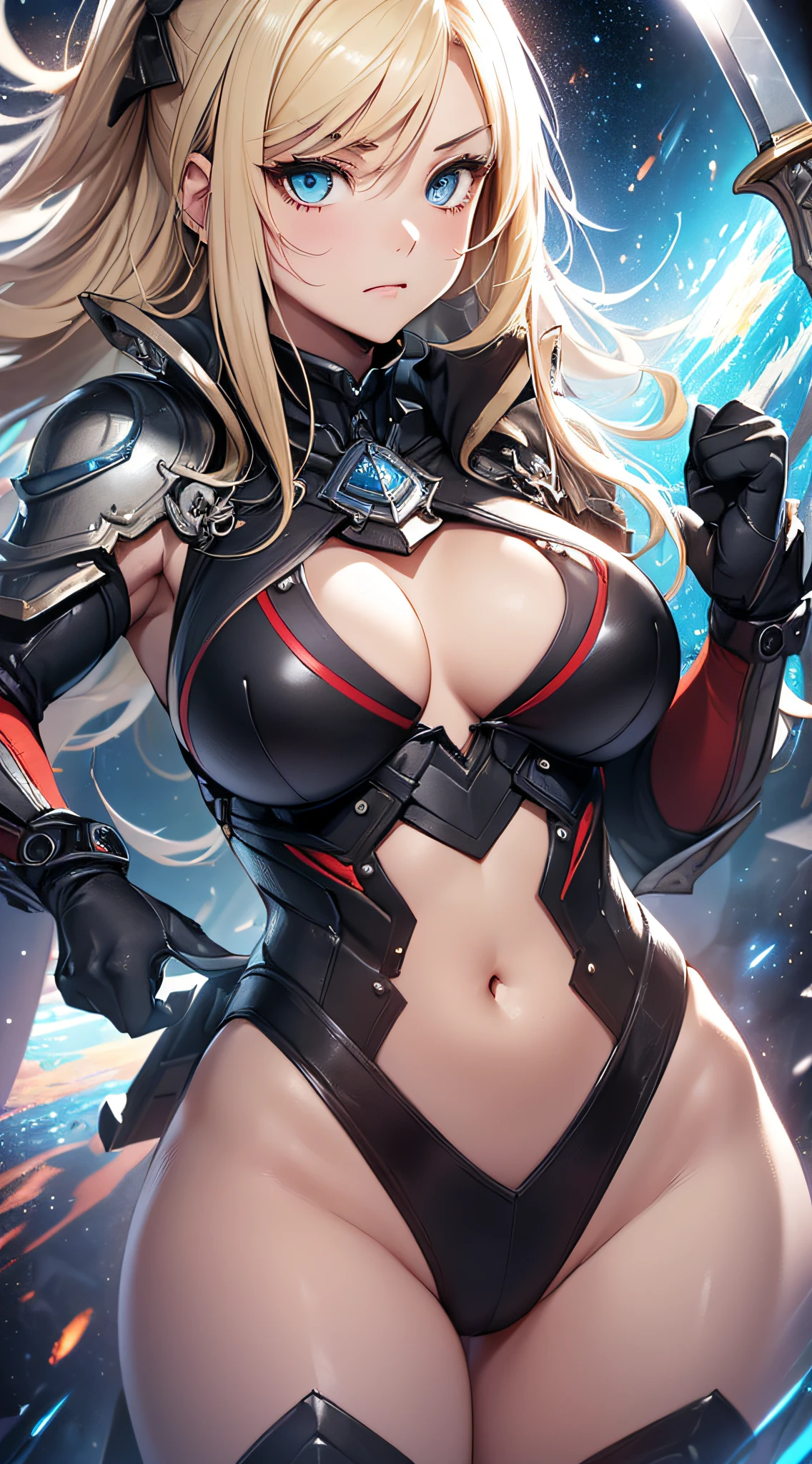 top-quality、Top image quality、​masterpiece、girl with((Red Leotard、Black Mechanical Armor、、teen ager、cute lit Bust、big bast,Beautiful light blue eyes、Breasts wide open, a blond、A slender,Large valleys、belligerent movements,Warlike face、fighting poses、Sword in right hand、Shield on left hand、Navel Tank Top)),hiquality、Beautiful Art、Background with((universes)))、Depth((black hole)),masutepiece、depth of fields,Cinematic style