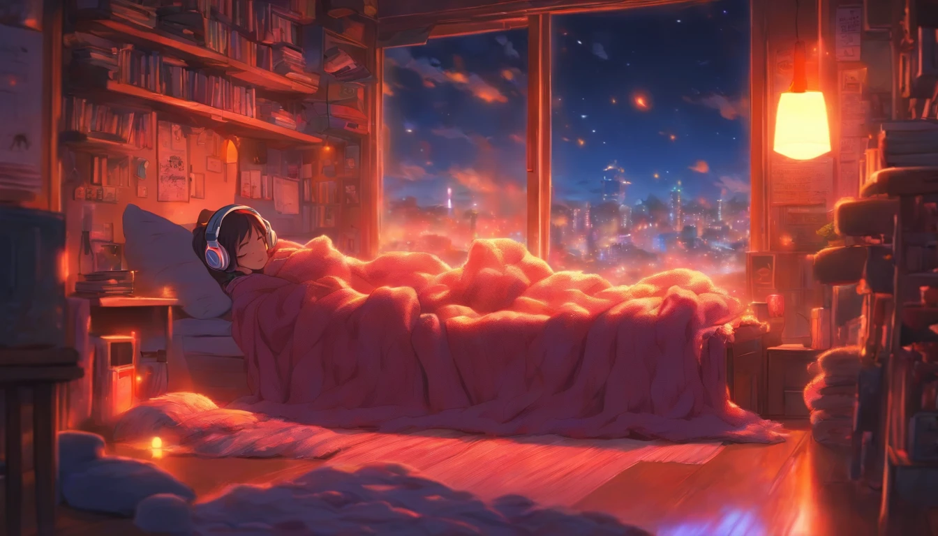 a girl, lying sleeping, wearing a big sweater, wearing headphones, legs covered with a blanket, lofi, calm, calm atmosphere, in her room looking at the window, cool, night, quiet night, masterpiece, best quality