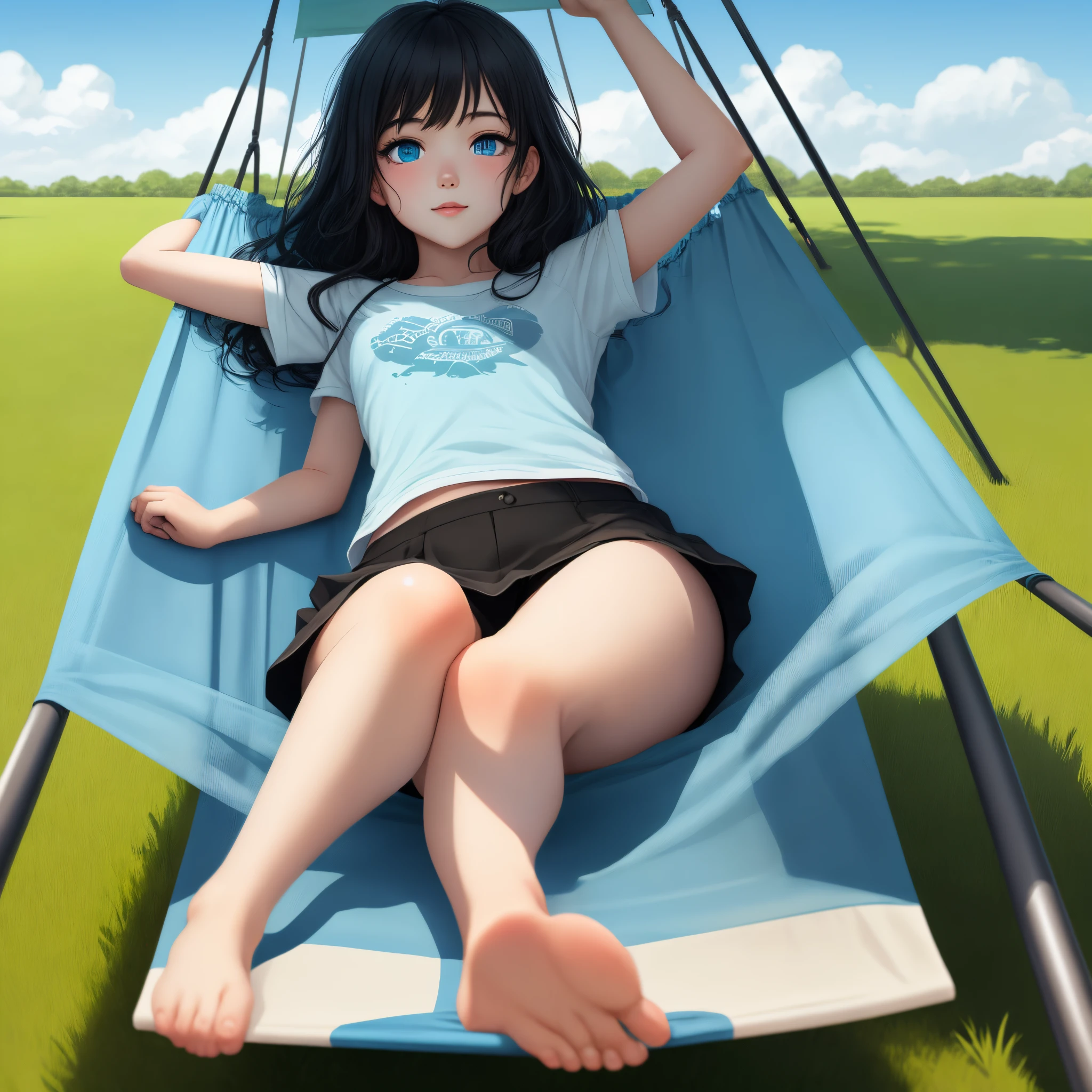 black-haired girl with blue eyes in a hammock on a background of green grass with a slide and blue sky