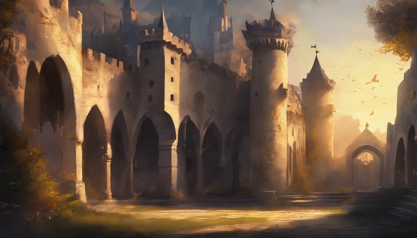 inside a medieval castle courtyard garden in late evening, the sun has mostly set and it is growing cold, side view
