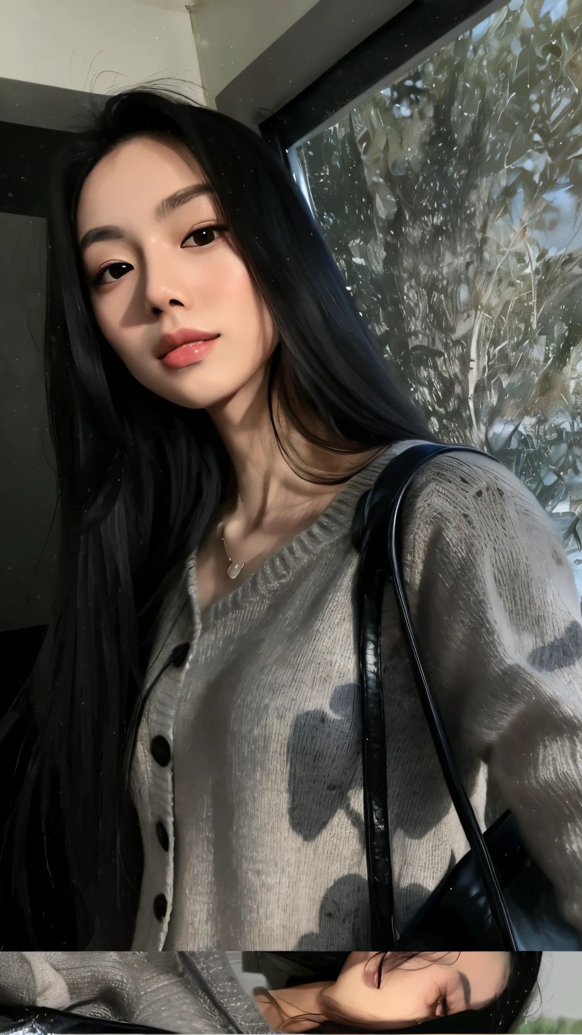 devastated woman with long black hair and a gray sweater holding a black bag, Realistic. Cheng Yi, 🤤 retrato da , Asian girl with long hair, Menina na vida real, Beautiful Asian girl, menina coreate no estilo de Guweiz, Ulzzang, detailed face of a asian girl, Asian girl, com longos cabelos escuros