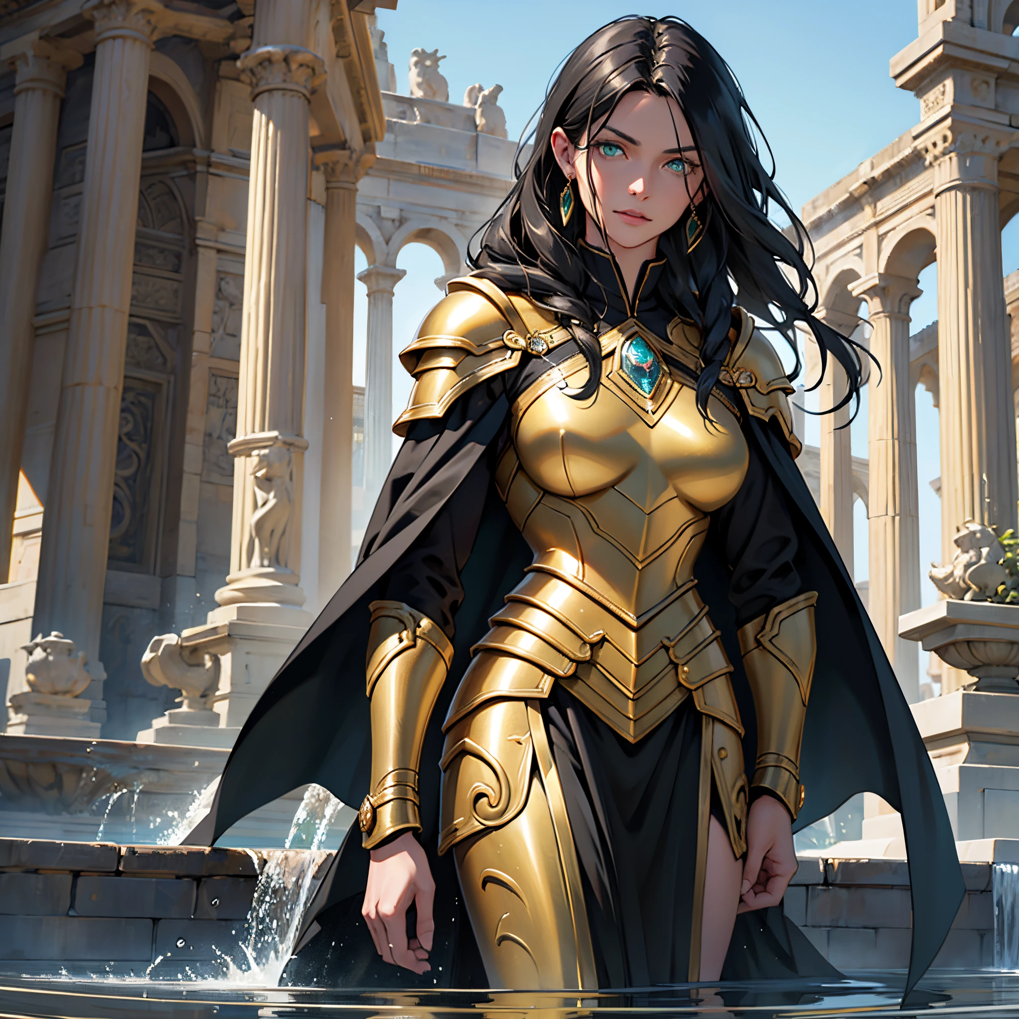 black long hair middle aged woman, Straight hair, bright green eyes, Eye reflection, golden armor and black cloak, 50 Years Old, Beautiful appearance, Anatomically accurate., Masterpiece, super detaill, High Quality, Best Quality, 8K, One Man&#39;​masterpiece,Background with:In front of an ancient Roman fountain, waterdrops, tentacles