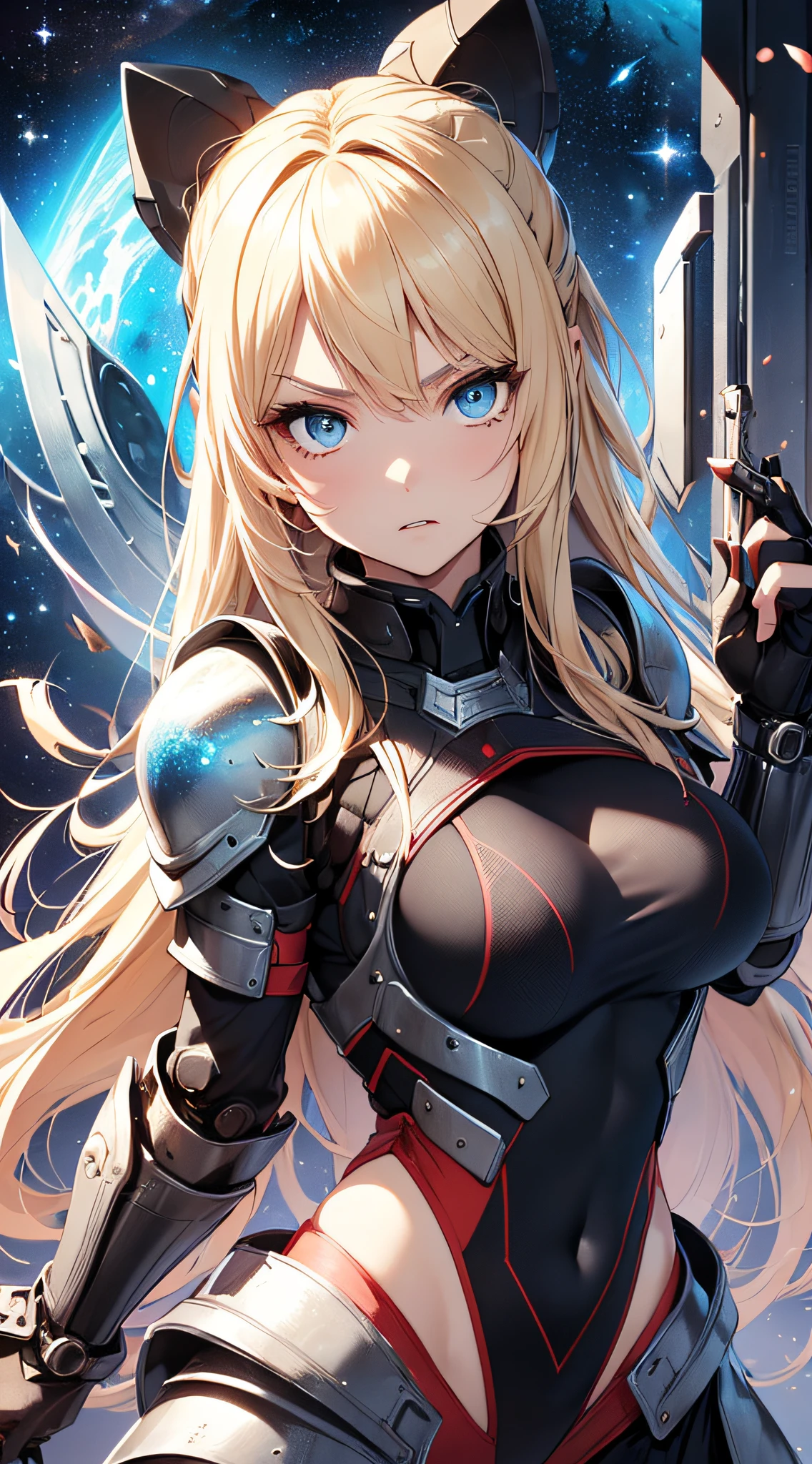 top-quality、Top image quality、​masterpiece、girl with((Red Leotard、Black Mechanical Armor、sixteen years old、teen ager、cute little、Best Bust、big bast,Beautiful light blue eyes、Breasts wide open, a blond、A slender,Large valleys、belligerent movements,Warlike face、Sword in right hand、shield in left hand、Navel Tank Top、Sit up)),hiquality、Beautiful Art、Background with((universes)))、Depth((black hole)),masutepiece、depth of fields,Cinematic style