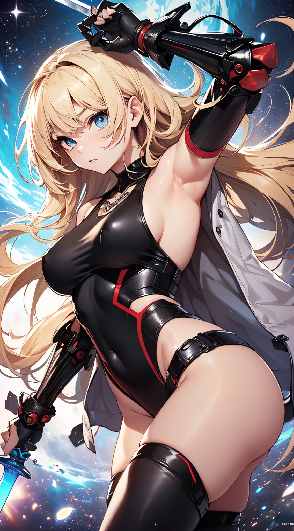 top-quality、Top image quality、​masterpiece、girl with((Red Leotard、Black Mechanical Armor、sixteen years old、 ager、cute little、Best Bust、big bast,Beautiful light blue eyes、Breasts wide open, a blond、A slender,Large valleys、belligerent movements,Warlike face、fighting poses、Sword in right hand、shield in left hand、Navel Tank Top、Rear view)),hiquality、Beautiful Art、Background with((universes)))、Depth((black hole)),masutepiece、depth of fields,Cinematic style