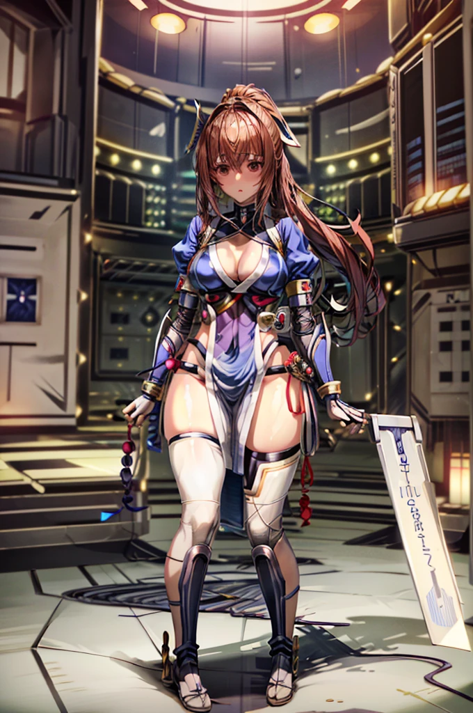 (masterpiece, best quality:1.3)
KasumiDOA, 1girl, solo, long hair, breasts, looking at viewer, bangs, large breasts, brown hair, thighhighs, dress, ribbon, cleavage, brown eyes, medium breasts, underwear, standing, panties, hair ribbon, braid, short sleeves, cowboy shot, japanese clothes, puffy sleeves, white thighhighs, puffy short sleeves, lips, sash, pelvic curtain, yellow ribbon, realistic, nose, arm guards, kote,hypnoLora,
empty eyes,Upright Pose,(Inside a futuristic and complex operational command center:1.6)