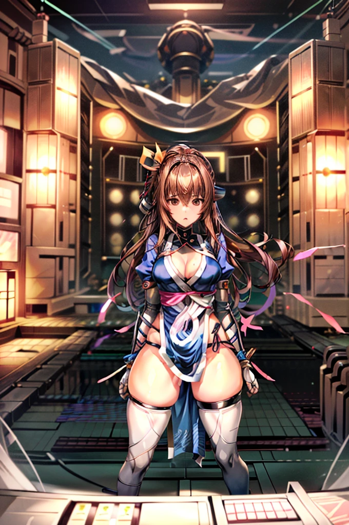 (masterpiece, best quality:1.3)
KasumiDOA, 1girl, solo, long hair, breasts, looking at viewer, bangs, large breasts, brown hair, thighhighs, dress, ribbon, cleavage, brown eyes, medium breasts, underwear, standing, panties, hair ribbon, braid, short sleeves, cowboy shot, japanese clothes, puffy sleeves, white thighhighs, puffy short sleeves, lips, sash, pelvic curtain, yellow ribbon, realistic, nose, arm guards, kote,hypnoLora,
empty eyes,Upright Pose,(Inside a futuristic and complex operational command center:1.6)