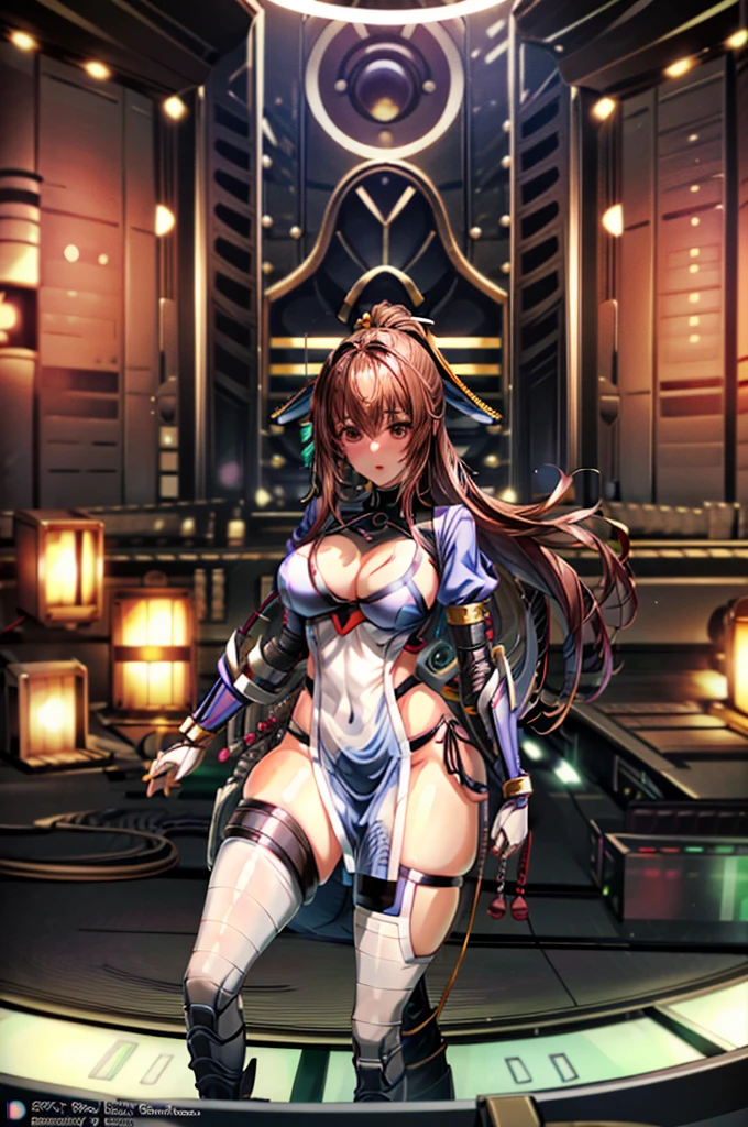 (masterpiece, best quality:1.3)
KasumiDOA, 1girl, solo, long hair, breasts, looking at viewer, bangs, large breasts, brown hair, thighhighs, dress, ribbon, cleavage, brown eyes, medium breasts, underwear, standing, panties, hair ribbon, braid, short sleeves, cowboy shot, japanese clothes, puffy sleeves, white thighhighs, puffy short sleeves, lips, sash, pelvic curtain, yellow ribbon, realistic, nose, arm guards, kote,hypnoLora,
empty eyes,Upright Pose,(Inside a futuristic and complex operational command center:1.6)