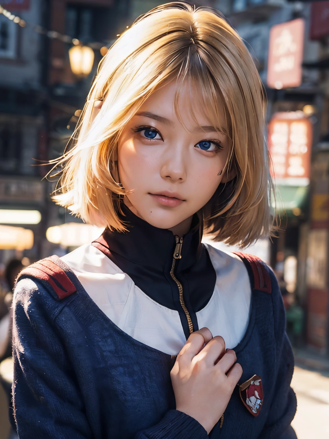 ((masterpiece、top-quality、realisitic、ultra-detailliert、hight resolution、Photorealsitic、foco nítido、photographrealistic、Raw photography、face lights))、High brightness、bustshot、1 female、(kosmos:1.2)、(Dark blue eyes)、blonde hair、Strong gaze、Growing eyes、((Pink Commonwealth Uniforms))、ighly detailed、Raw texture、sayla mass、Detailed hand depiction